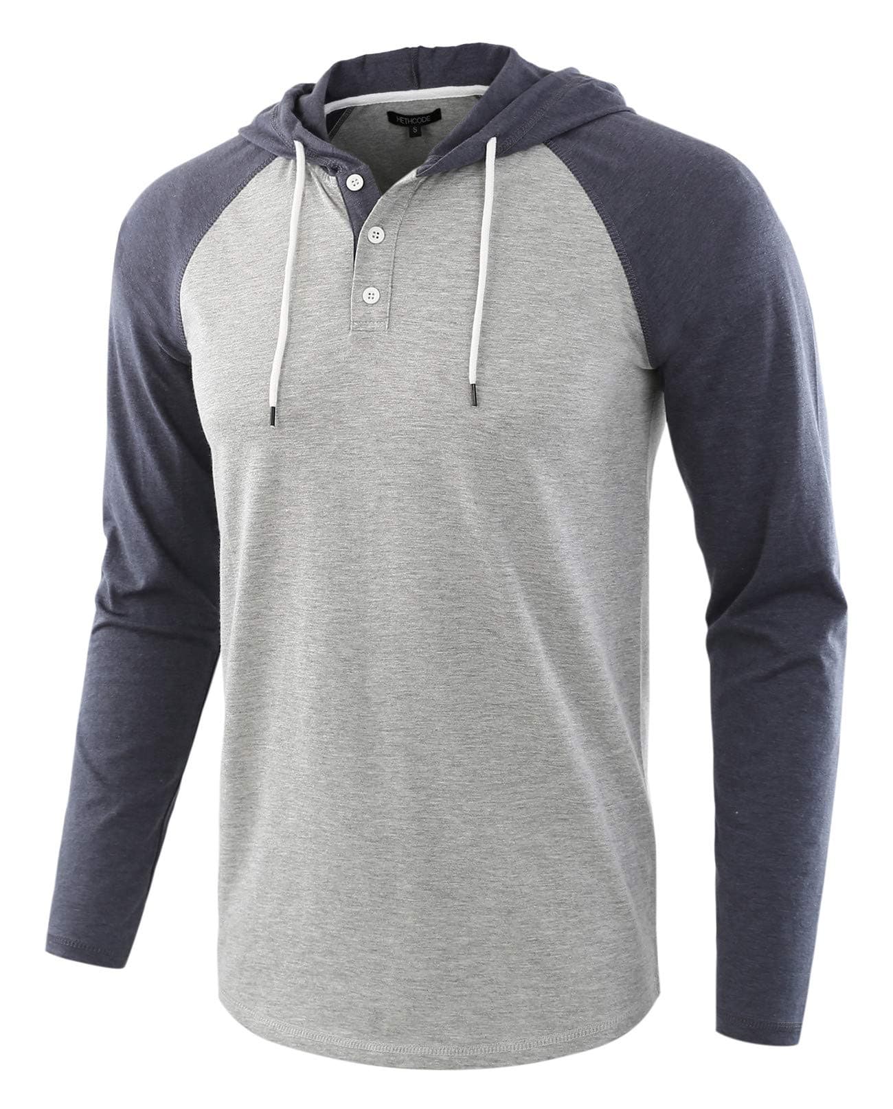 Men's Casual Lightweight Long Sleeve Raglan Henley Jersey Hoodie Shirt