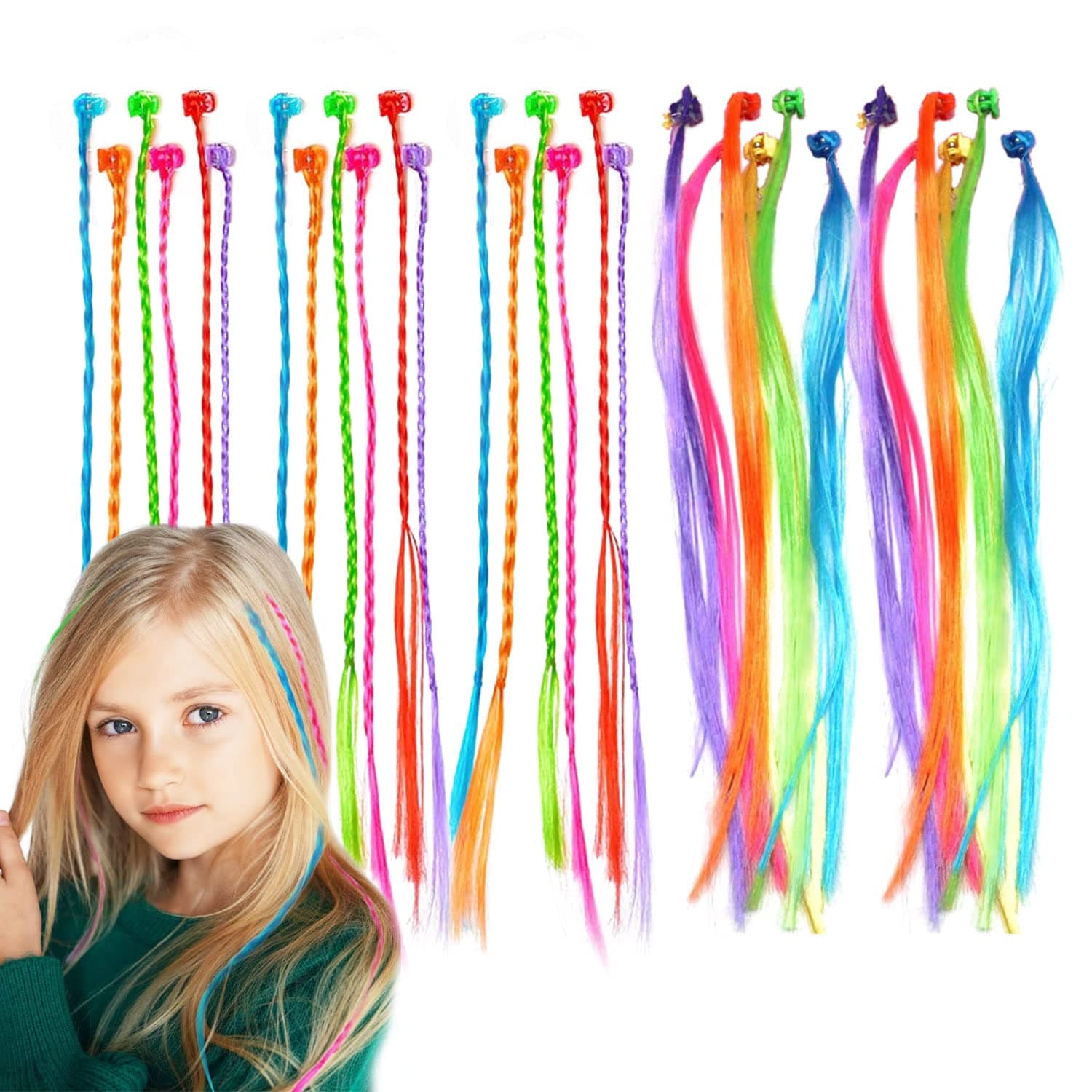 30 Pcs Kids Hair Extensions with Hair Clips, Girls' Fashion Bobby Pin Rainbow Wig, Braids Extensions Hair,Braided hair Styling Accessories, for Party Favors and Children Performance (30 Pcs)
