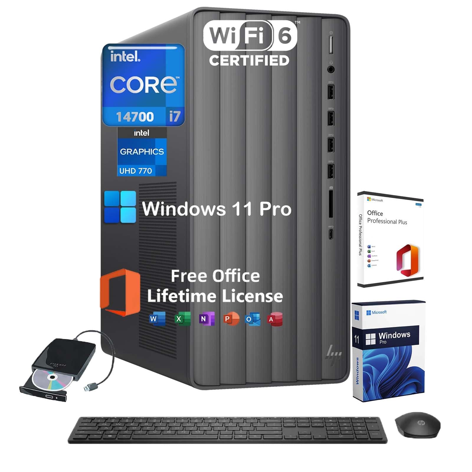HP Envy Desktop PC Tower, Intel 20-Core i7-14700(Up to 5.4GHz), Office Lifetime, 32GB RAM, 2TB SSD, 2TB HDD, Windows 11 Pro, Intel UHD Graphics 770, External DVD Drive, Wi-Fi 6, W/Accessories