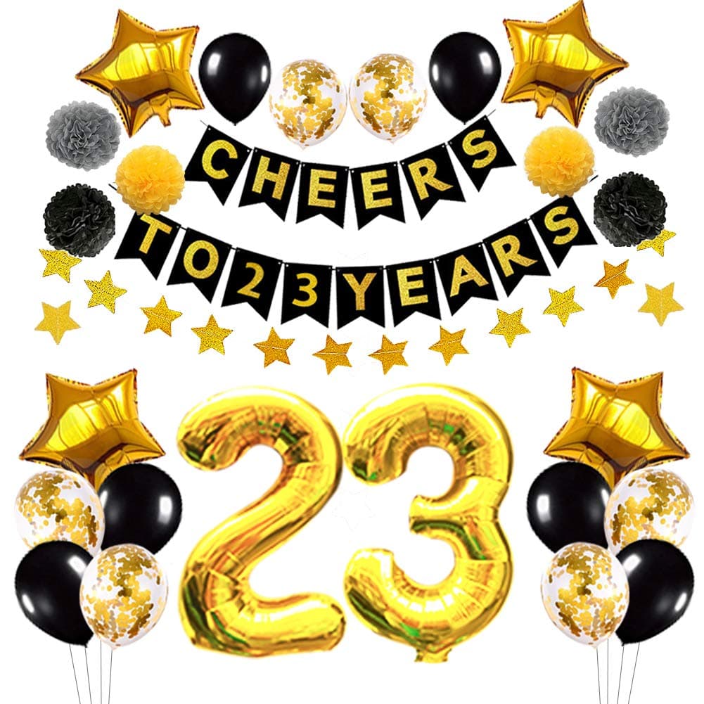 23rd Birthday Decorations Balloons,23rd Anniversary Party Decorations,Black Gold Cheers to 23 Years Banner, Gold Star Banner 4m, Confetti &Latex Balloons, Gold Star Balloons 18inch