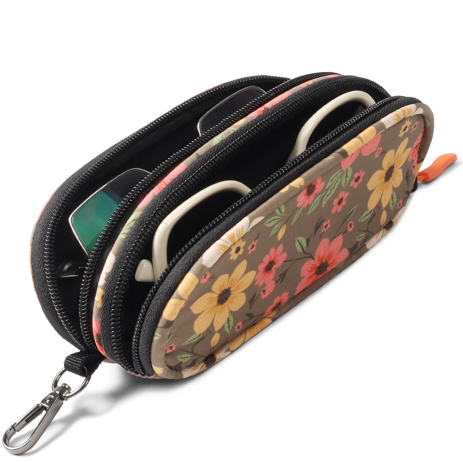 Double Eyeglasses Case Soft Portable Zipper Sunglasses Pouch with Keychain Clip for Men Women