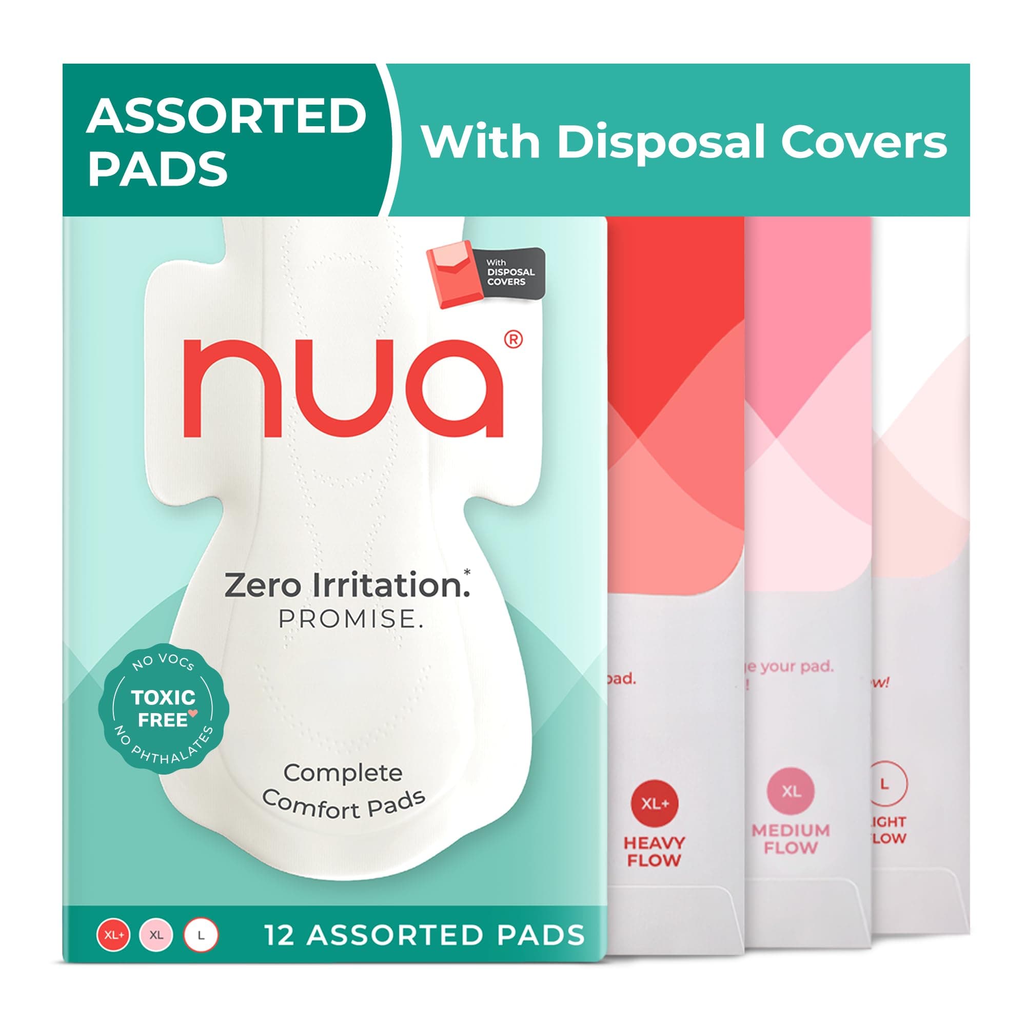 Nua Ultra Thin Rash Free Sanitary Pads for Women - 12 Pack: 3 Heavy Flow, 5 Medium Flow, 4 Light Flow || Zero Toxins || Free Disposal Cover