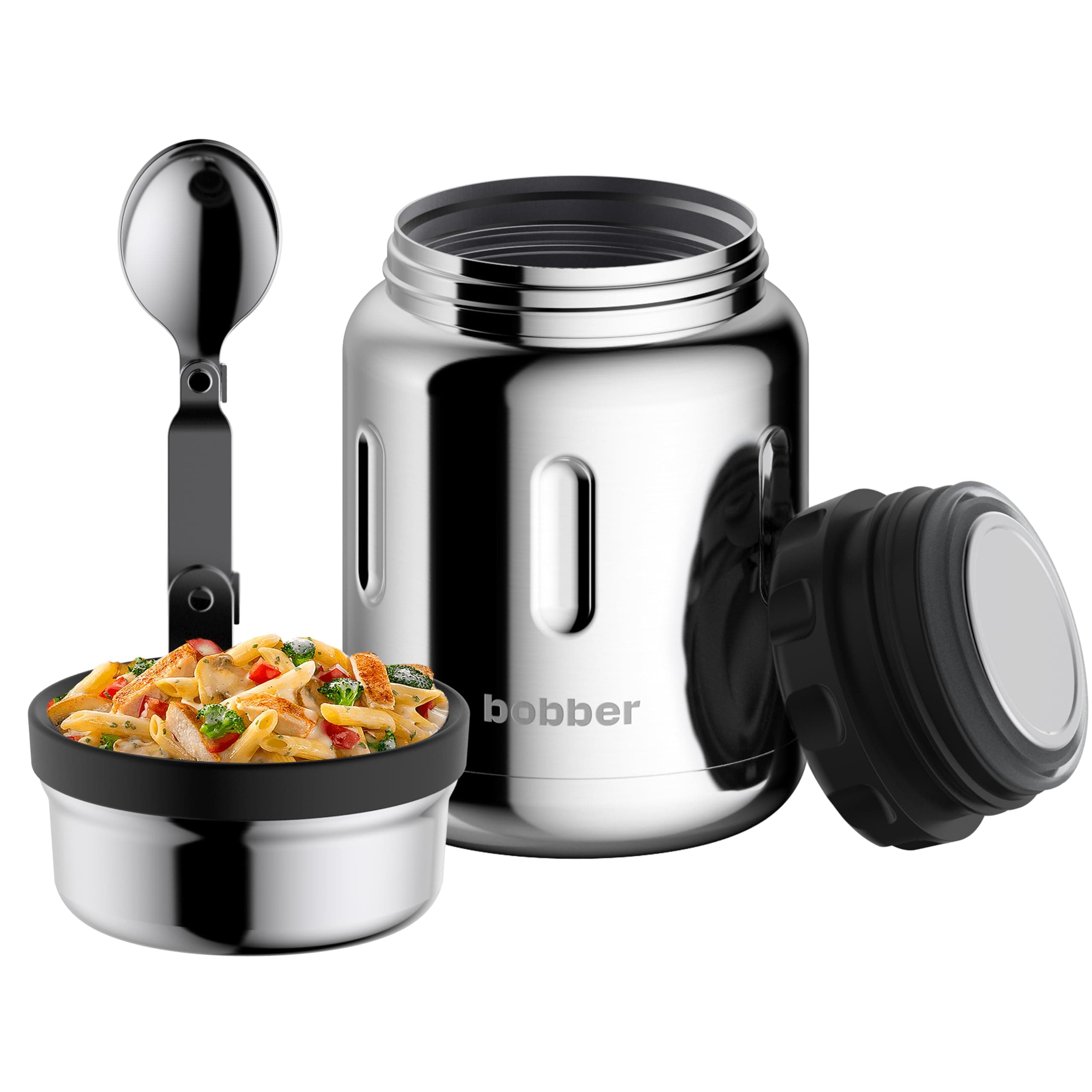 BOBBER 24 Oz Stainless Steel Thermo Food Jar with Folding Spoon and Extra-Wide Mouth – Insulated Soup Thermo for Hot Food, Keeps Hot for 14 Hours and Cold for 20 Hours (Glossy)