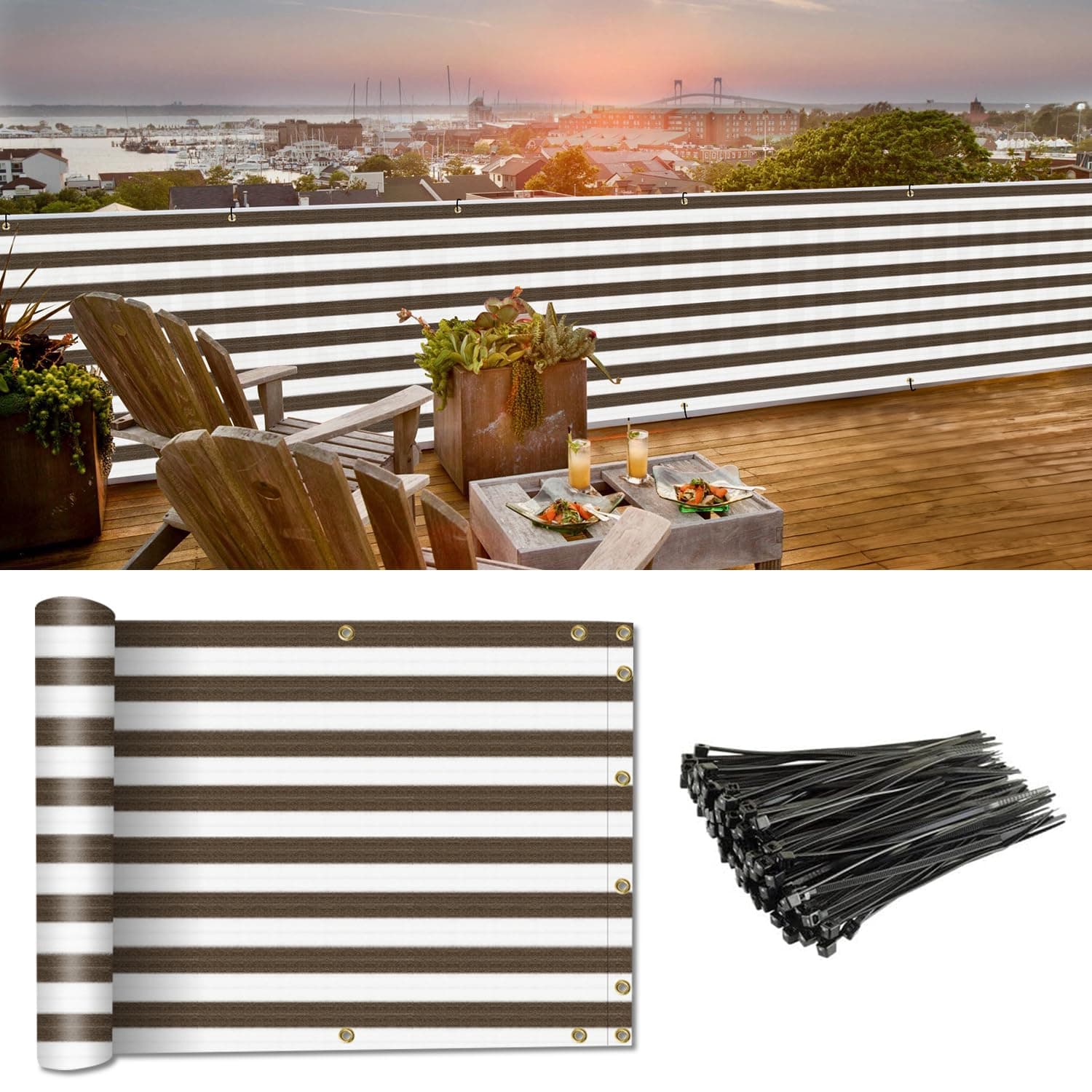 Coarbor 3'x30' Balcony Privacy Fence Screen Mesh Balcony Cover for Balcony Porch Verandah Deck Terrace Patio Backyard Railing 160GSM Up to 90% Blockage Brown White Strip
