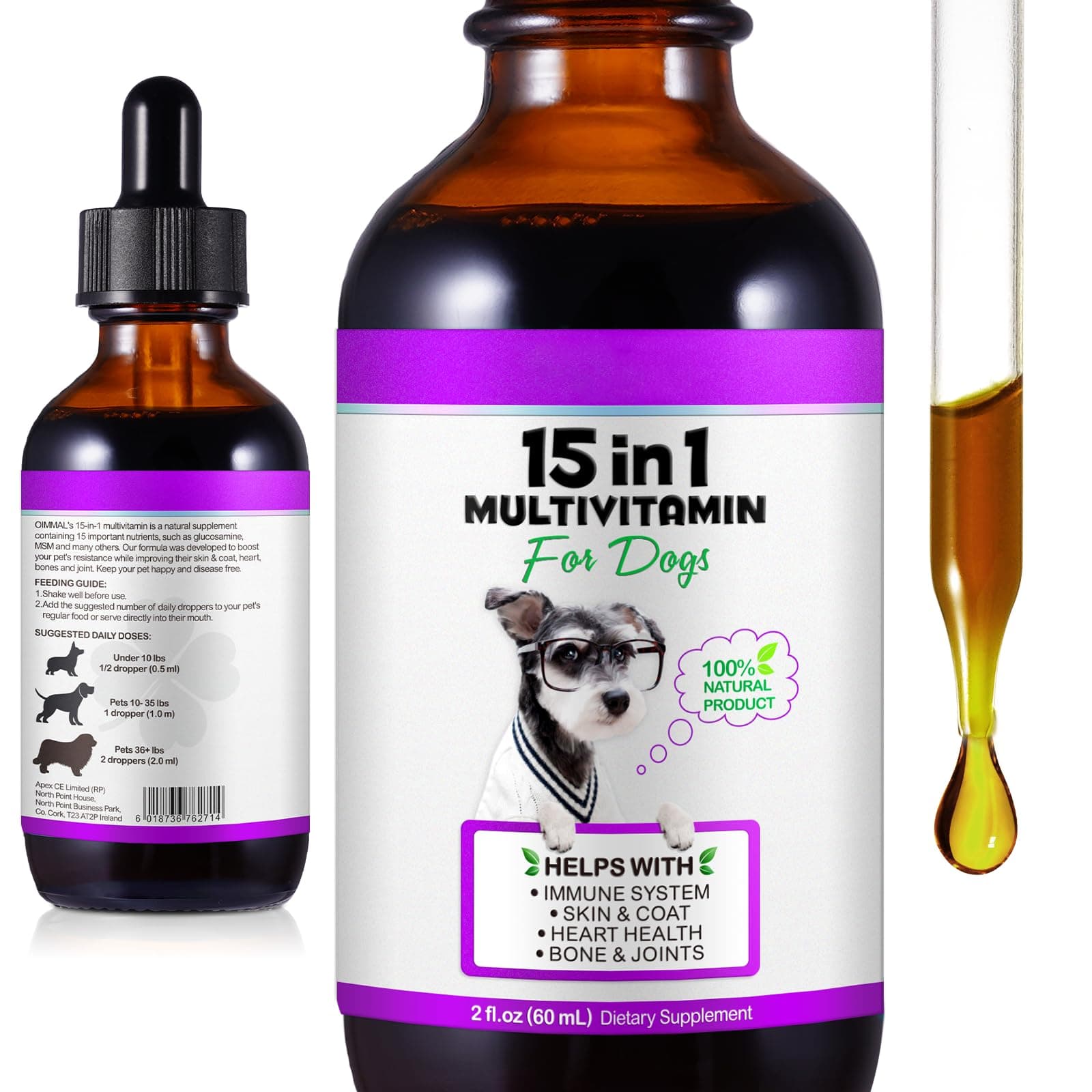 15-in-1 Dog Multivitamin Drops for Dogs | Liquid Multivitamin with Glucosamine, MSM & Omega for Joint, Heart, Immune & Skin Health | Easy Liquid Drops for Picky Eaters