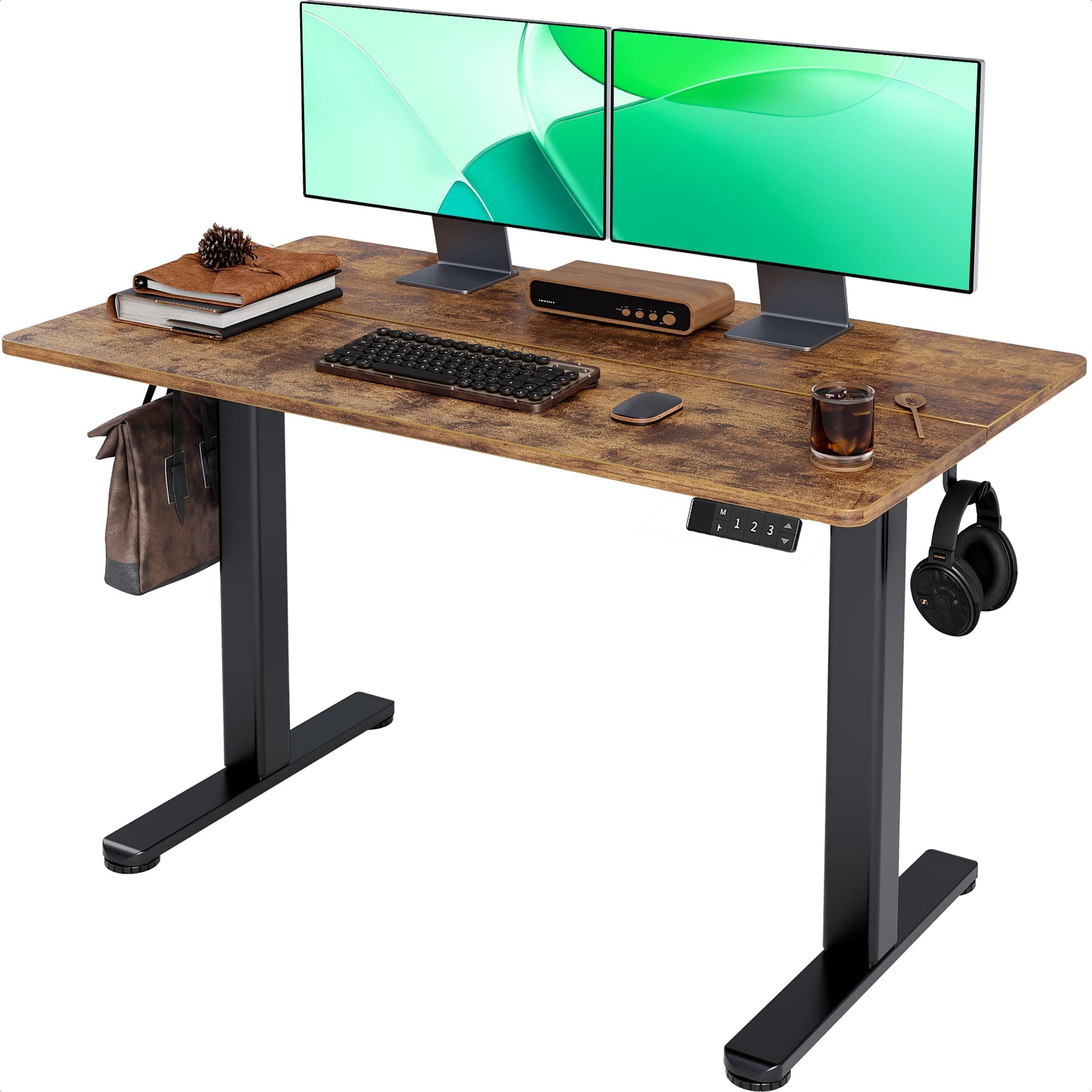 Claiks Electric Standing Desk, Adjustable Height Standing Desk, 122 x 61cm Standing Desk, Home Office Desk with Splice Board, Black Frame/Rustic Brown Top