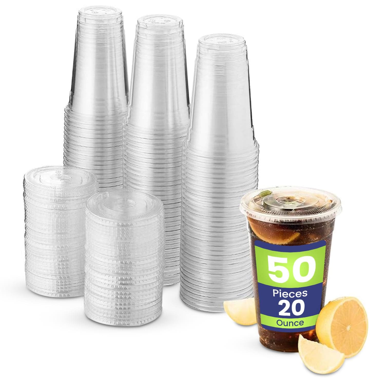 SNH 50 Pieces 20 Oz Juice Cup With Lid Clear Strong Disposable Cups - Ideal for iced coffee, smoothies, Bubble Boba tea, milkshakes, frozen cocktails, water, sodas, juices, snacks, dessert & more.