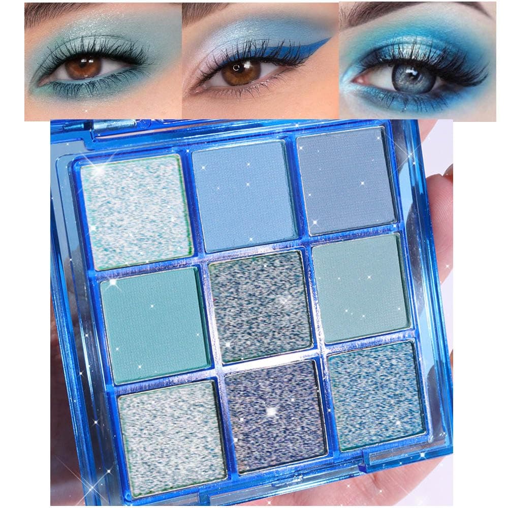 9 Colors Blue Glitter Eyeshadow Palette, Glitter Dark Light Royal Cobalt Baby Sky Navy Blue Metallic Shimmer Sparkly Eye Shadow Palette Makeup for Older Women Eyes, Highly Pigmented Eyeshadow