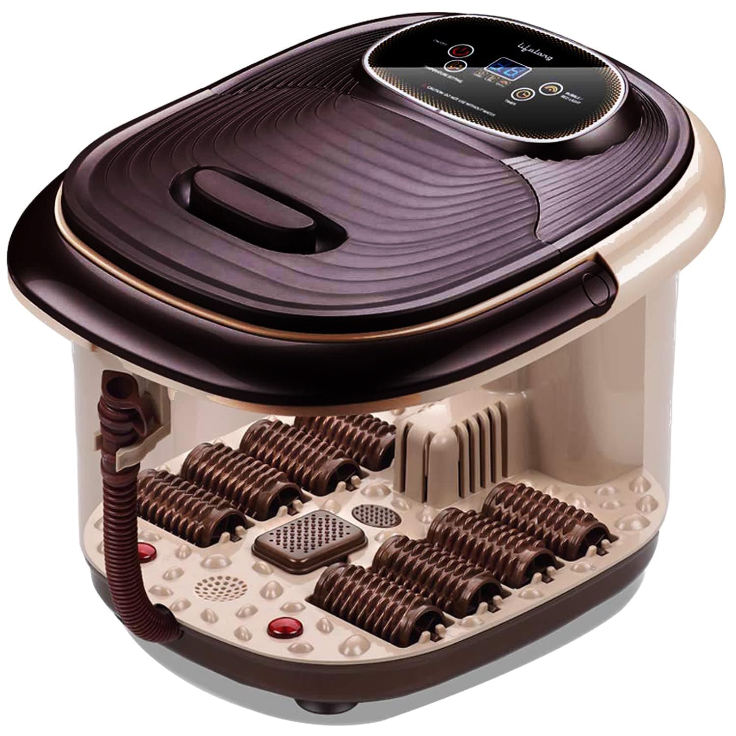 Lifelong LLM306 500W Electric Spa Foot Massager Machine With 8 Manual Rollers, Digital Panel, Bubble Bath & Water Heating Technology For Pedicure, Pain Relief & Foot Care, Brown