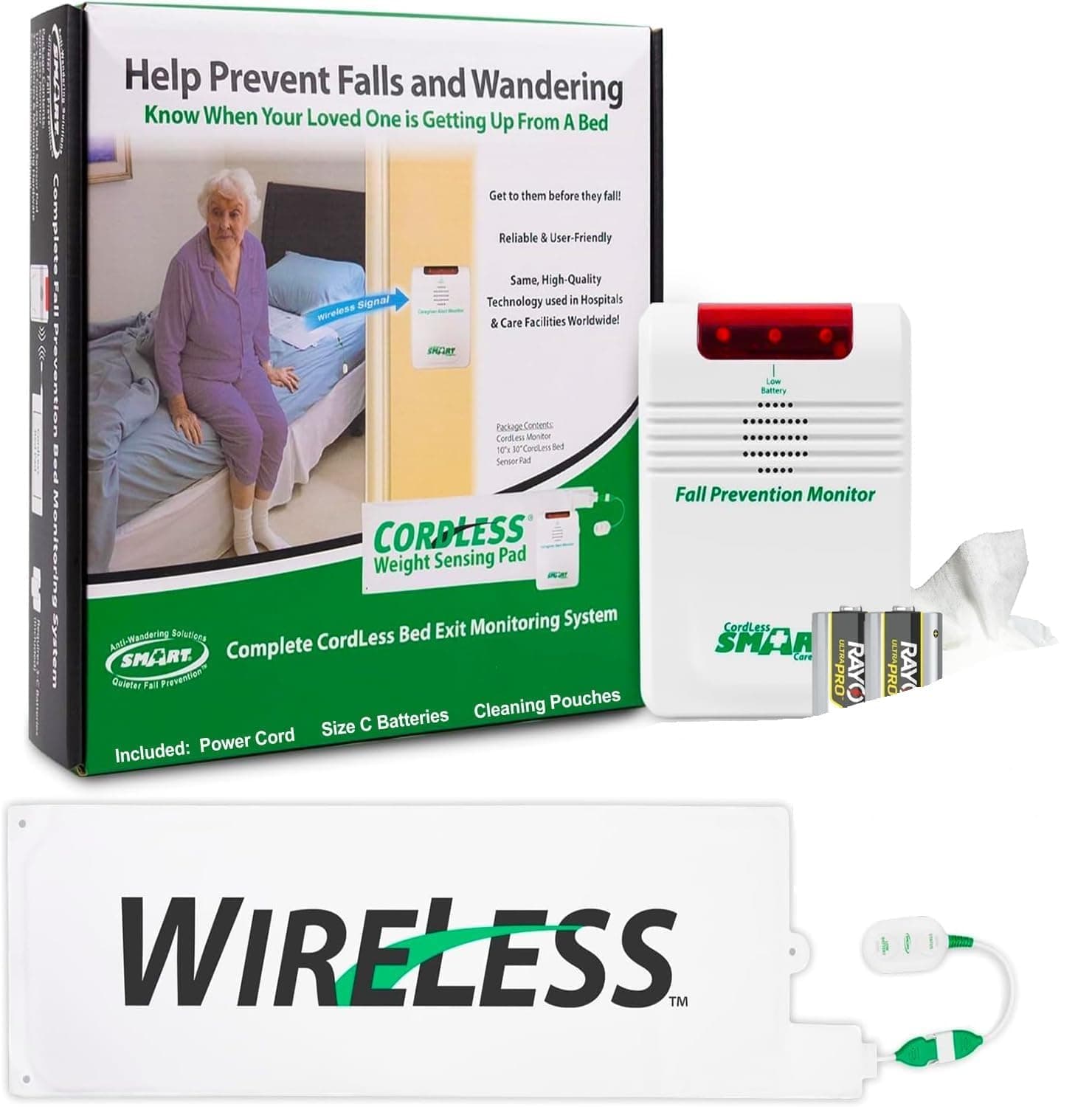 Smart Caregiver Wireless Bed Alarm System - Cordless Weight Sensing Bed Alarm Pad (10” x 30”) with Remote Alert Monitor, Free Individual Cleaning Wipes and Liberty 7 Day Pill Box