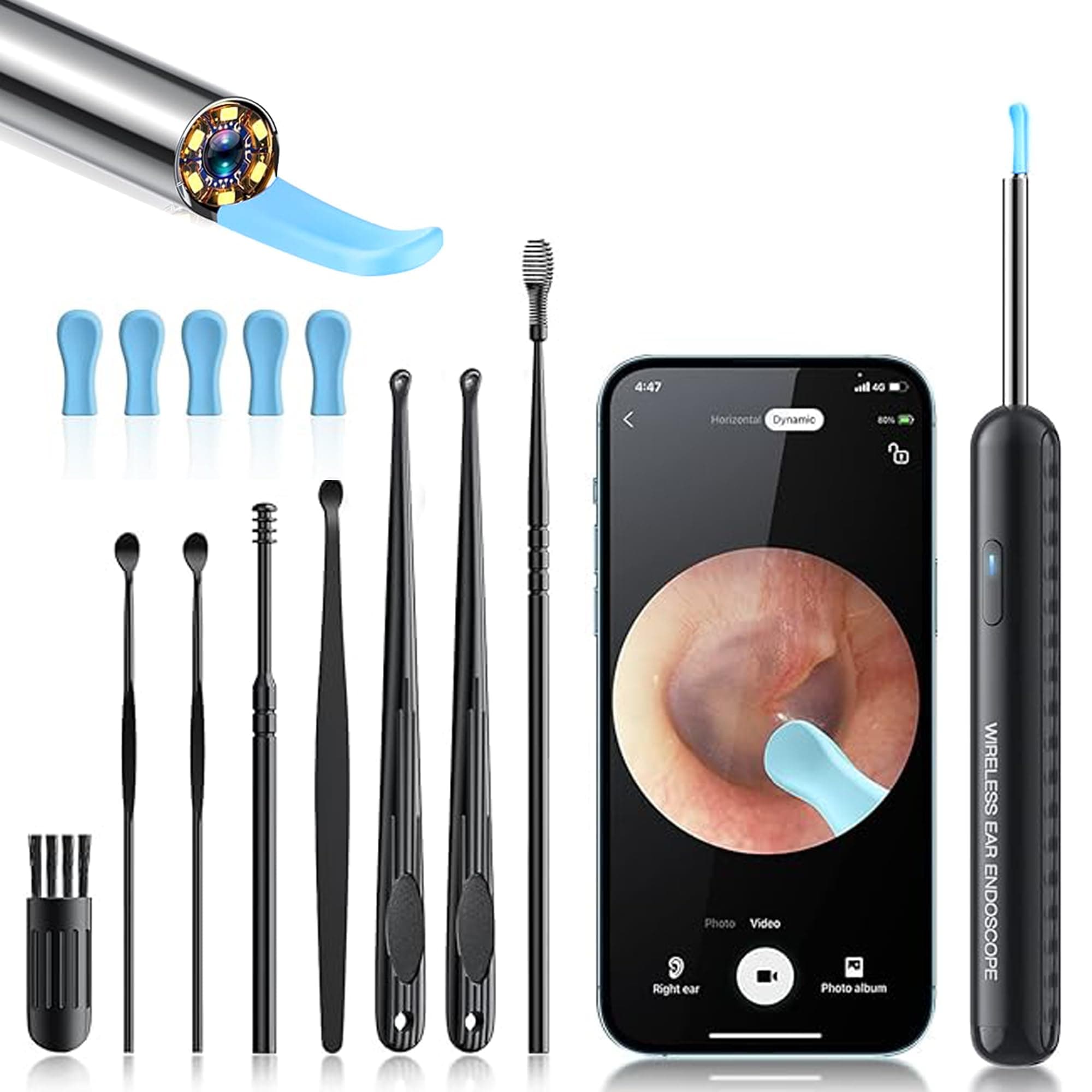 Ear Wax Removal Kit with 1080P Camera - 360° HD Ear Cleaner for iOS/Android, 6 LED Lights, Soft Silicone Picks, IP67 Waterproof, Rechargeable, WiFi-Enabled Ear Care Set with 8 Tools