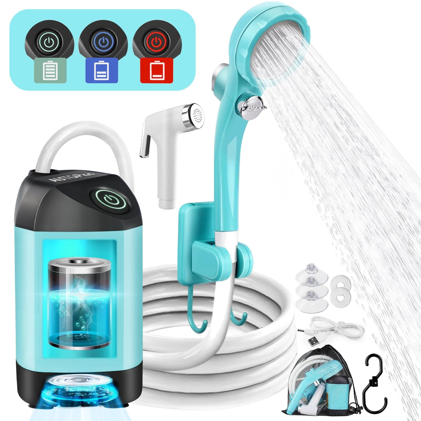 AUTOPkio Portable Camping Shower - Outdoor Camp Shower with Showerhead Sprayer & Rechargeable Battery Pump for Camping, Travel, Hiking, Car Washing, Pet Bath