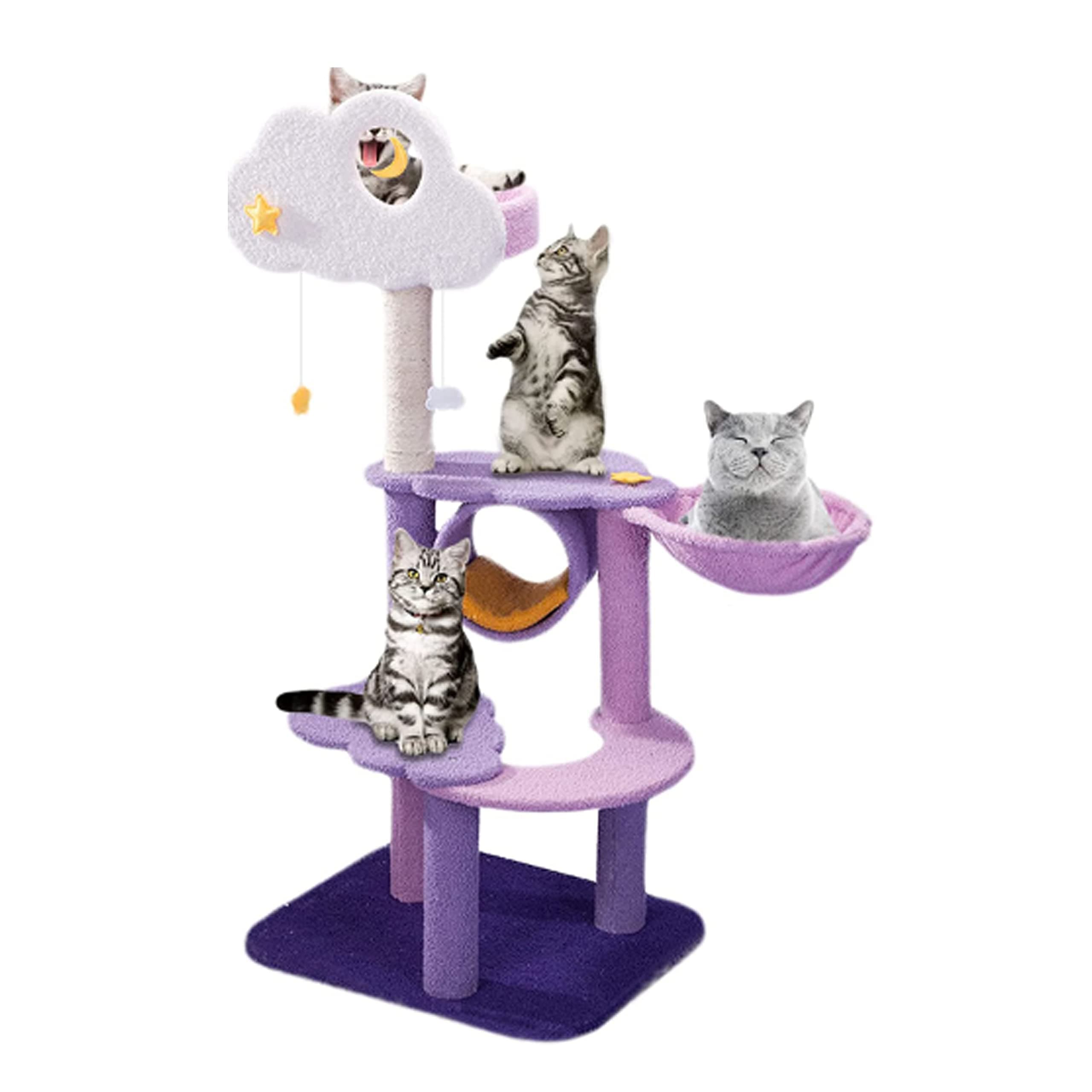 Miss Tiara Cat Tree Tower,Cat Condo Multi-Level with Scratching Post,Activity Centre Cat Climbing Tree with Cat House, Purple Color,Rest Place for Indoor Cat