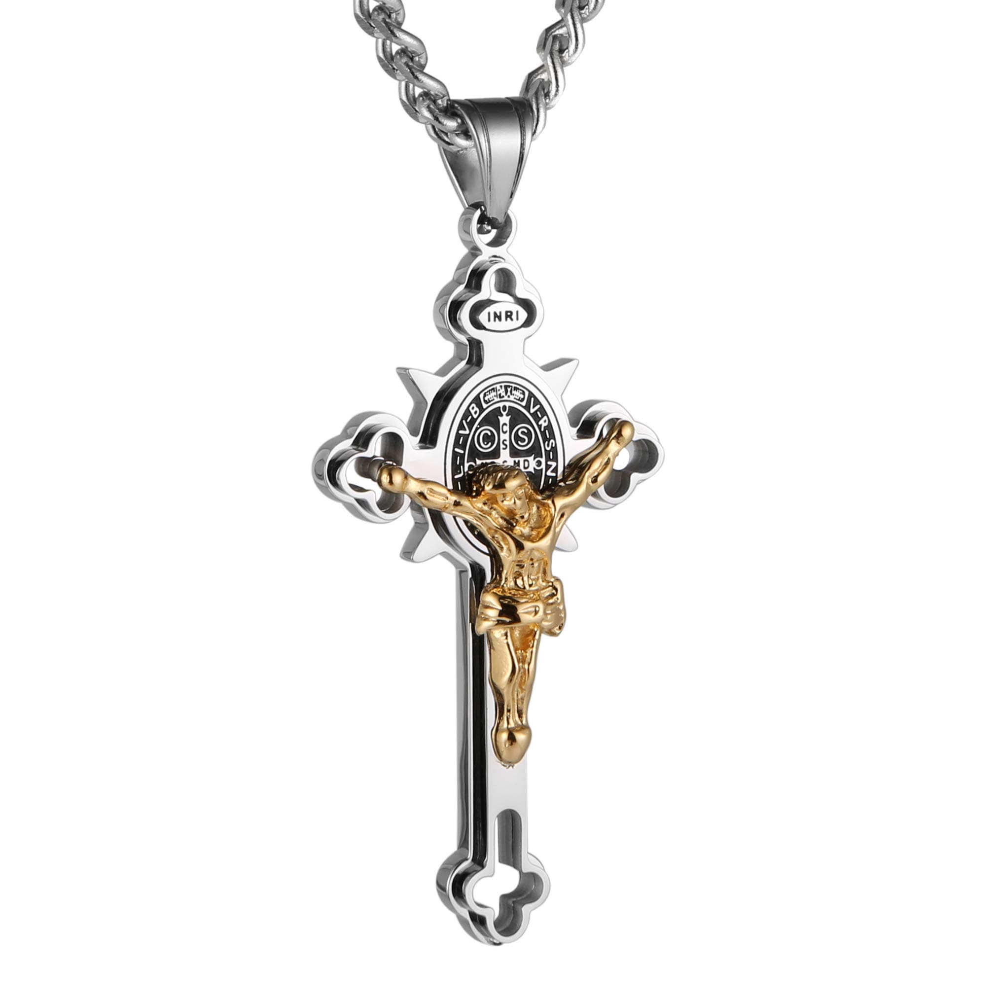 HZMAN Religion Stainless Steel Saint St St. Benedict Crucifix Cross Pendants Necklace INRI