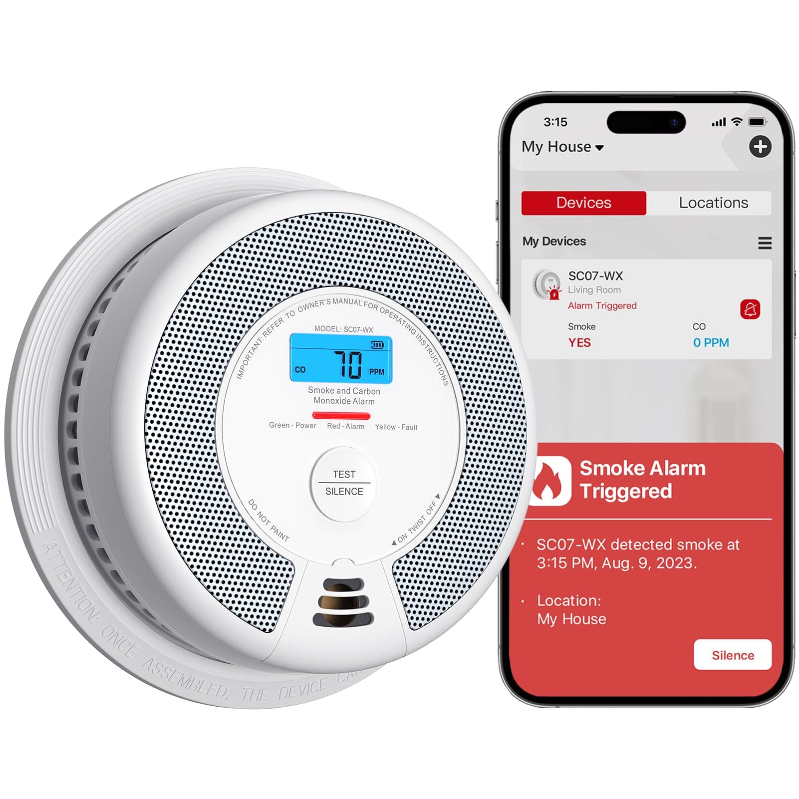 X-Sense Wi-Fi Combination Smoke Alarm and Carbon Monoxide Alarm with Replaceable Battery, Smart Fire Alarm Compatible with X-Sense Home Security App, SC07-WX, 1-Pack
