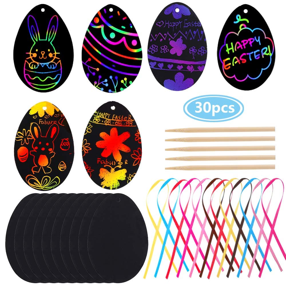 30pcs Easter Scratch Art Egg Decorations Papers Crafts Gifts for Kids Party Bag Fillers