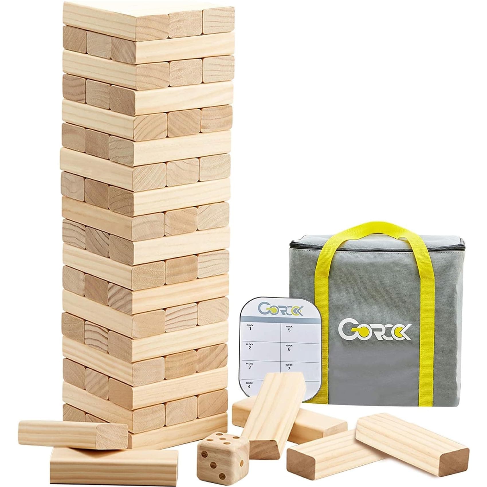 Giant Tumble Tower Games,60 Pcs Wooden Block Up to 5FT Stacking Game with Dice Scoreboard and Carry Bag ,Christmas Birthday Gift for Family Outdoor Indoor Party Camping Beach Lawn Games