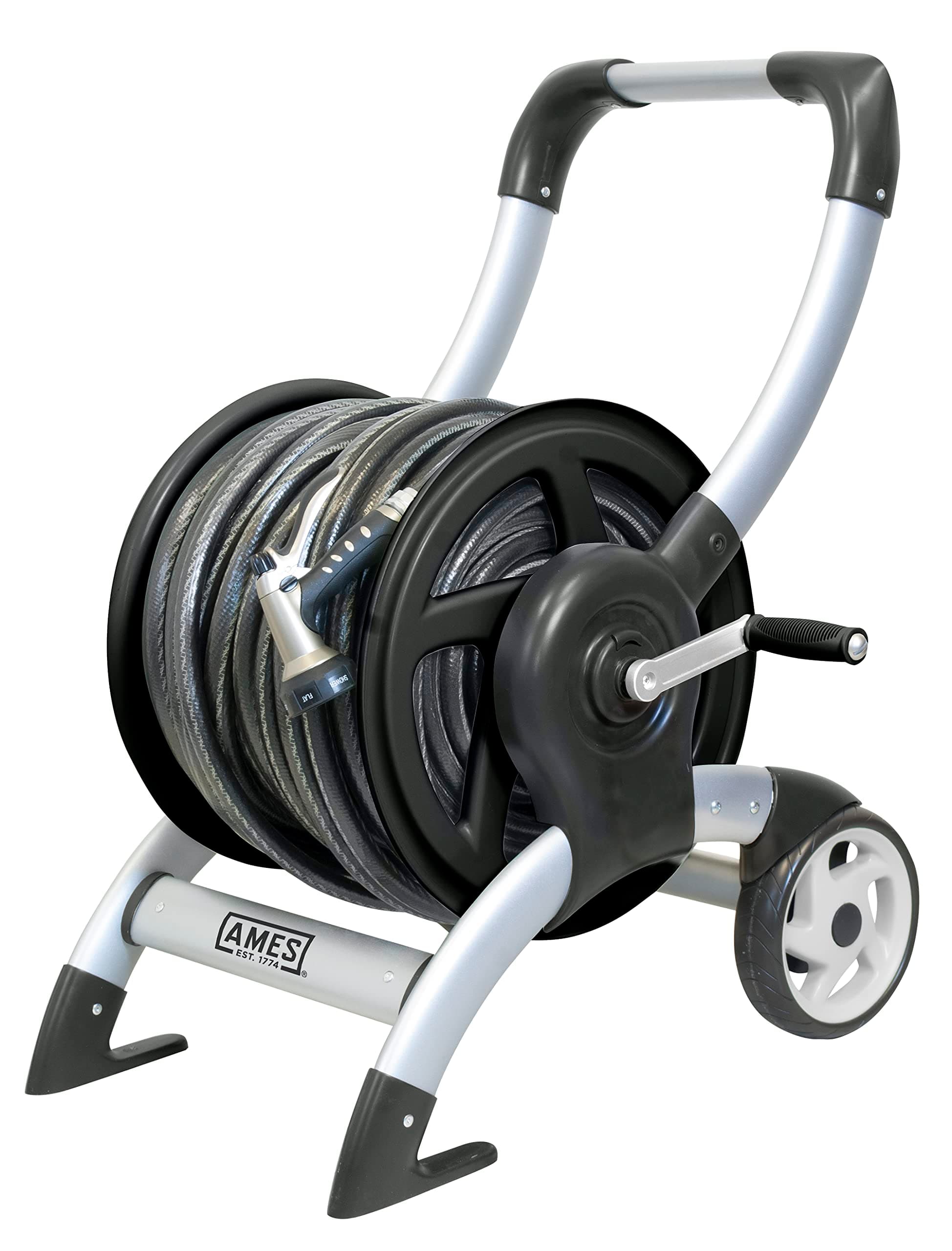 AMES 2518000 Reel Cart, NeverLeak Design, Holds 200 ft. of 5/8 in. Garden Hose, Heavy Duty Aluminum, Silver