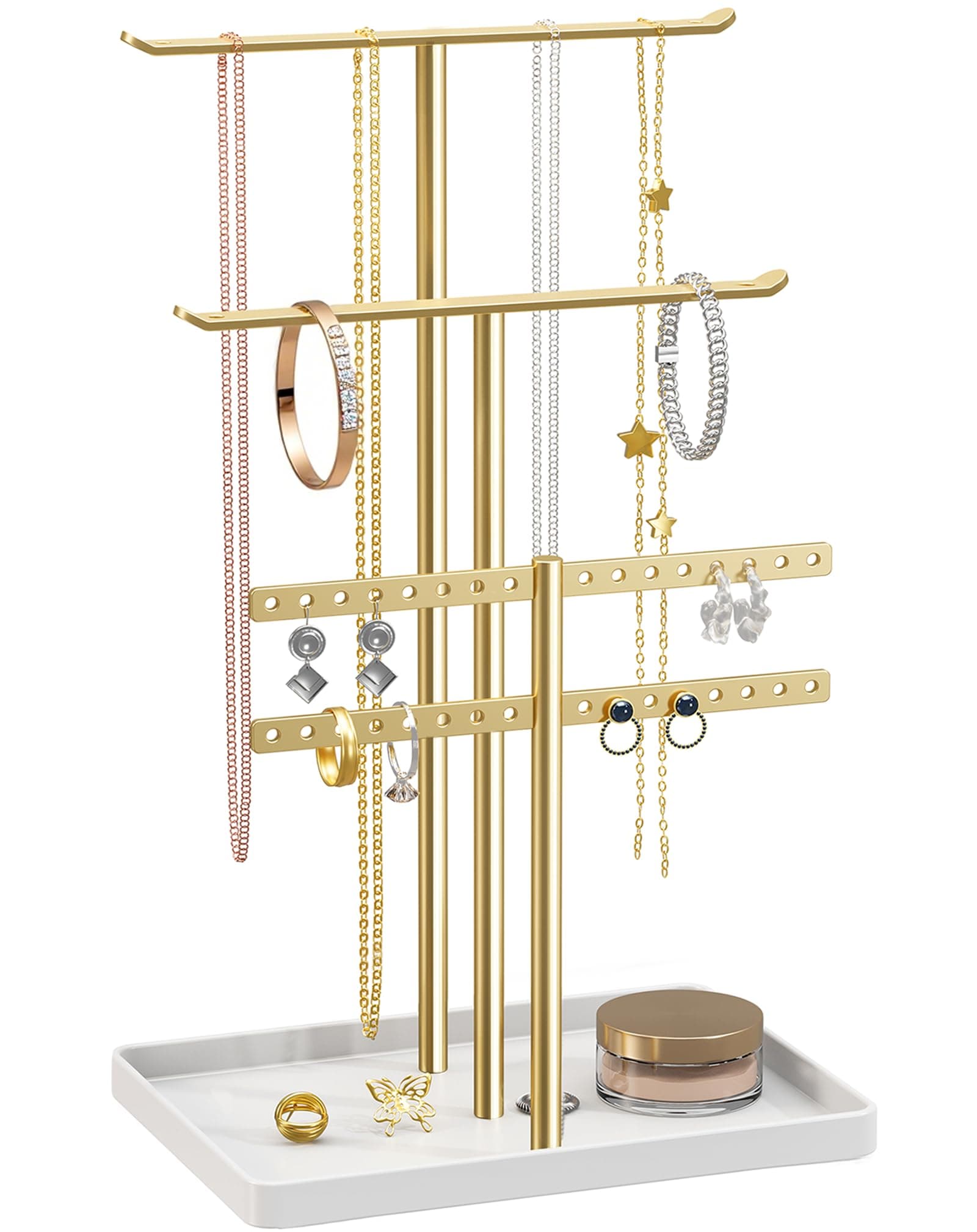 Jewelry Stand Organizer, 32cm Tall Sturdy Metal, 3-Tier Jewelry Holder for Necklace, Earring, Bracelet, Ring, Hanger for Display and Storage, Aesthetic Room Decor, Gold Jewlery Stand with White Tray