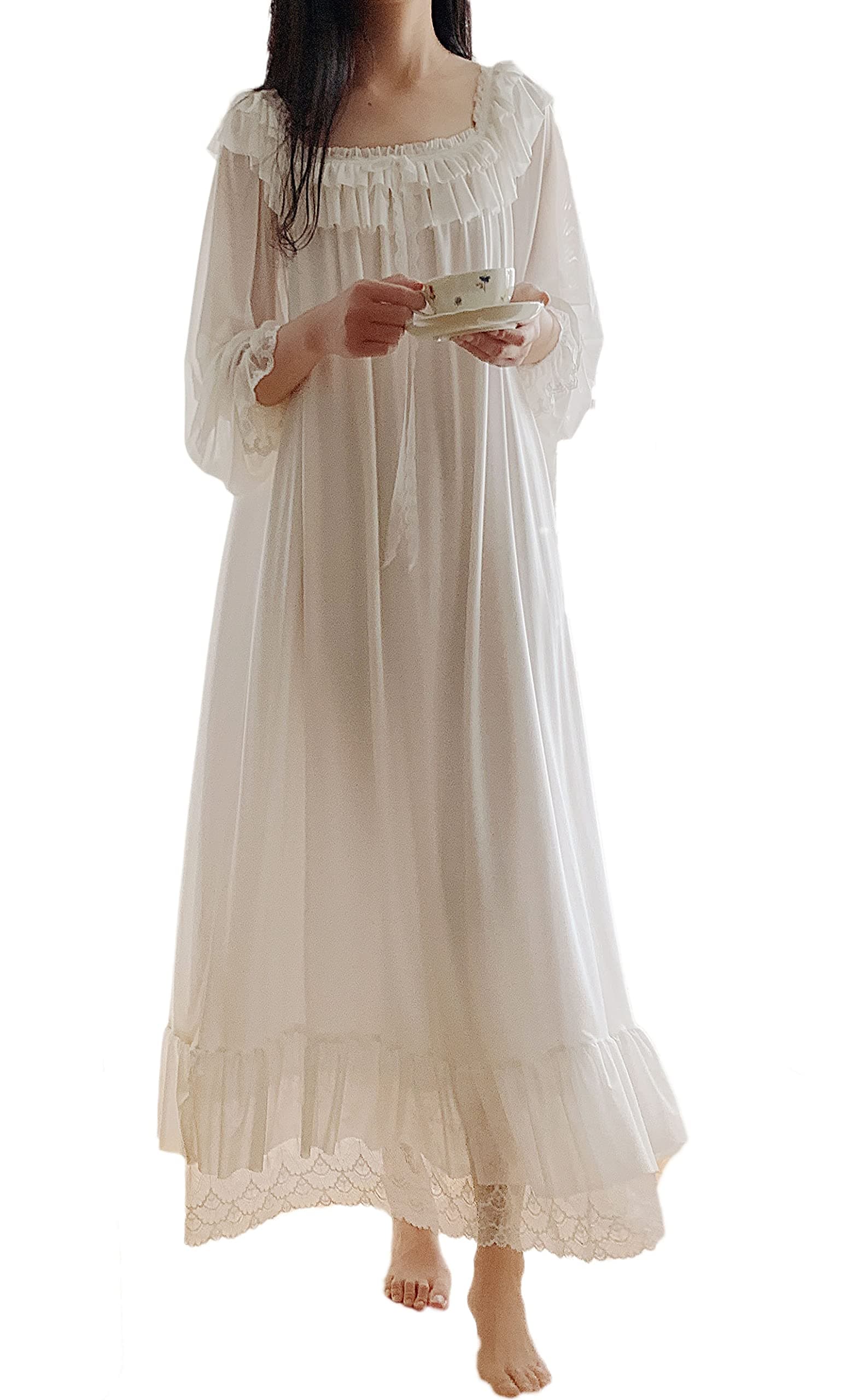 Women's Lace Vintage Victorian Nightgown Long Sleeve Sleepwear Nightdress