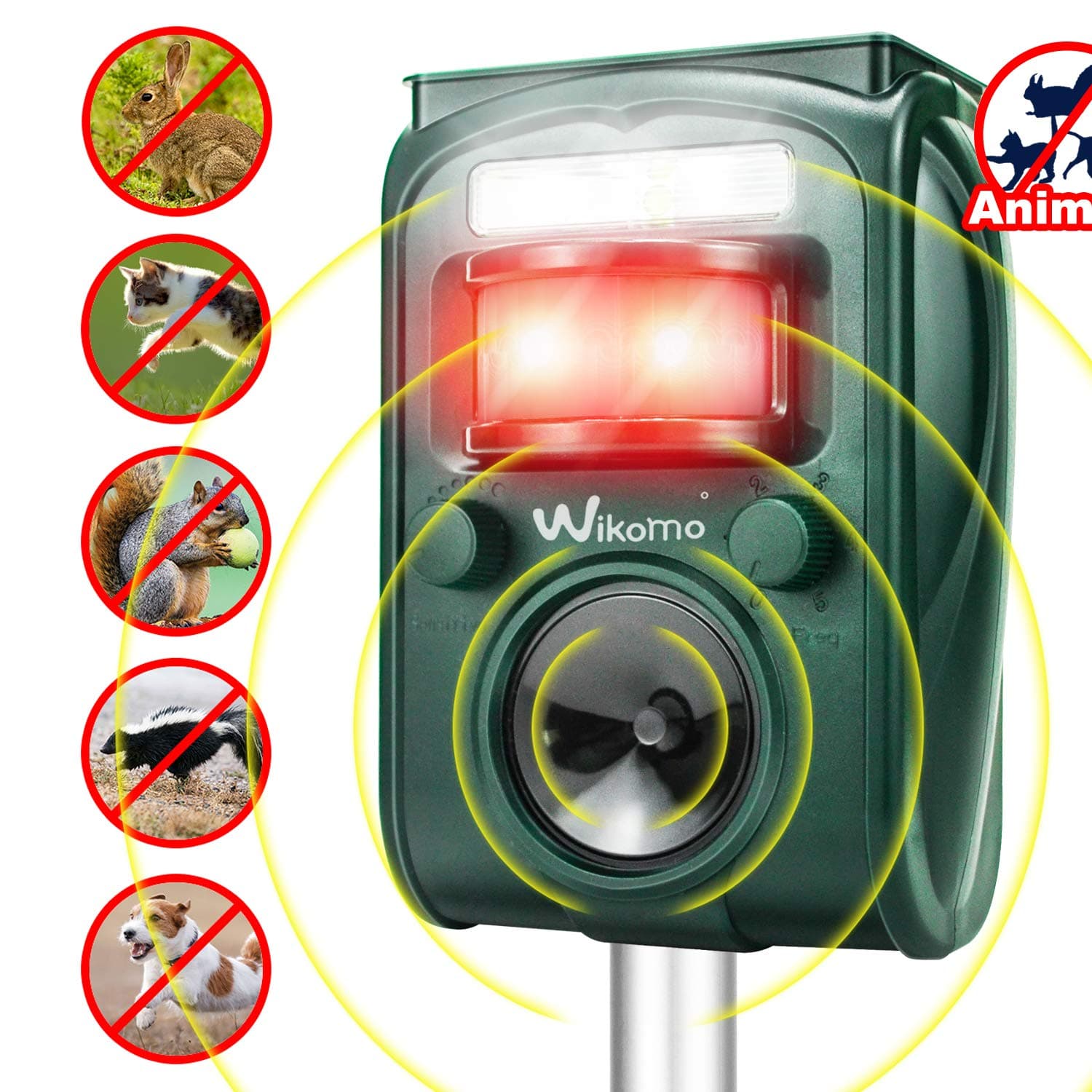 Wikomo Animal Repeller, Solar Powered Ultrasonic Pest Repeller Waterproof Outdoor with Ultrasonic Sound, Motion Sensor And Flashing Light for Cats, Dogs, Squirrels, moles, Rats Repel-Pesticides