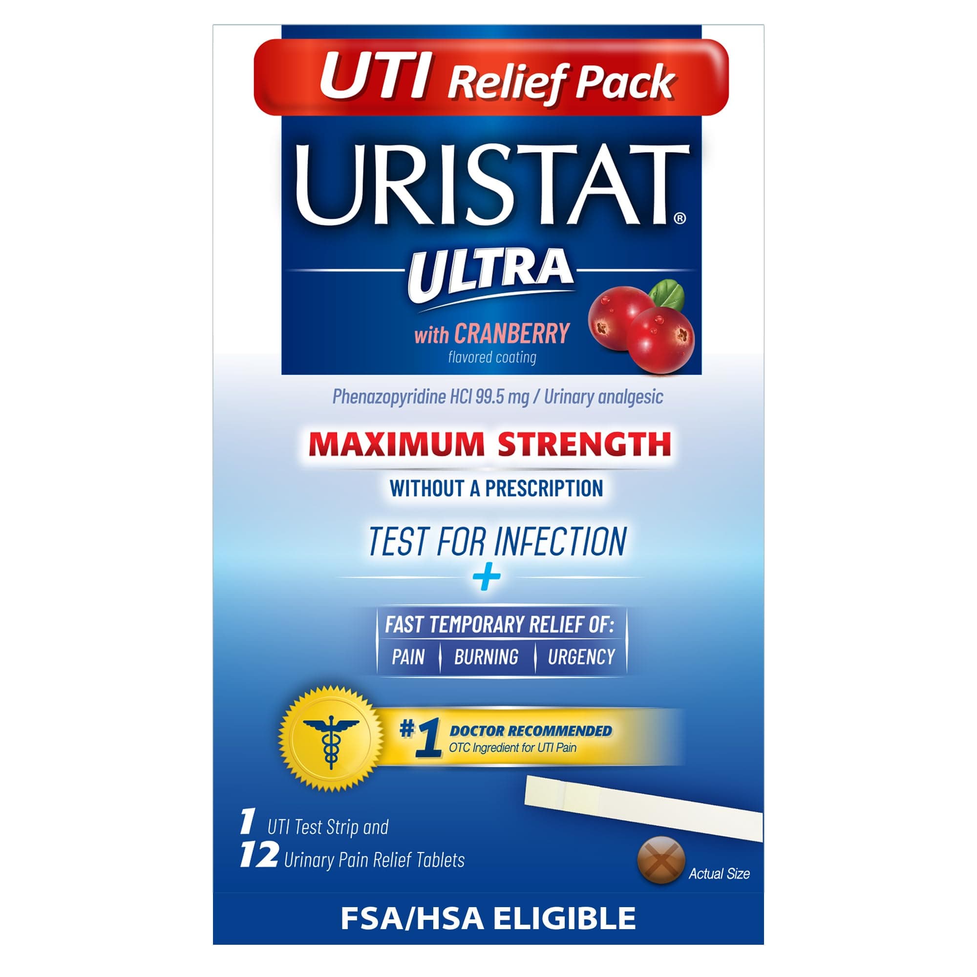 Ultra Strength Urinary Tract Infection Treatments and Test Relief Kit – 1 UTI Test Strip & 12 Cranberry Flavor Relief Tablets to Ease Urinary Pain, Burning & Urgency