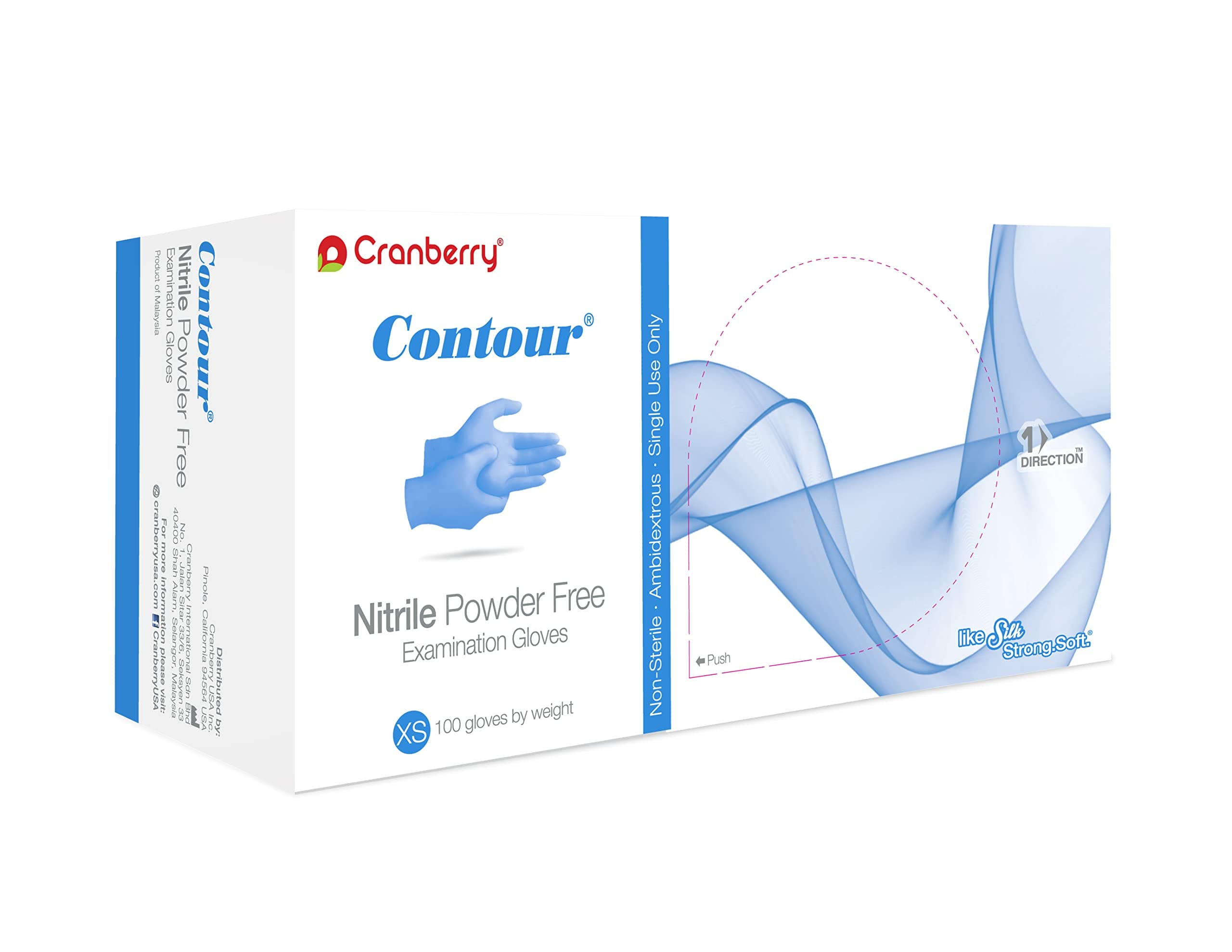 Cranberry USA CR3115 Contour Nitrile Powder Free Exam Gloves, X-Small, Blue (Pack of 100)