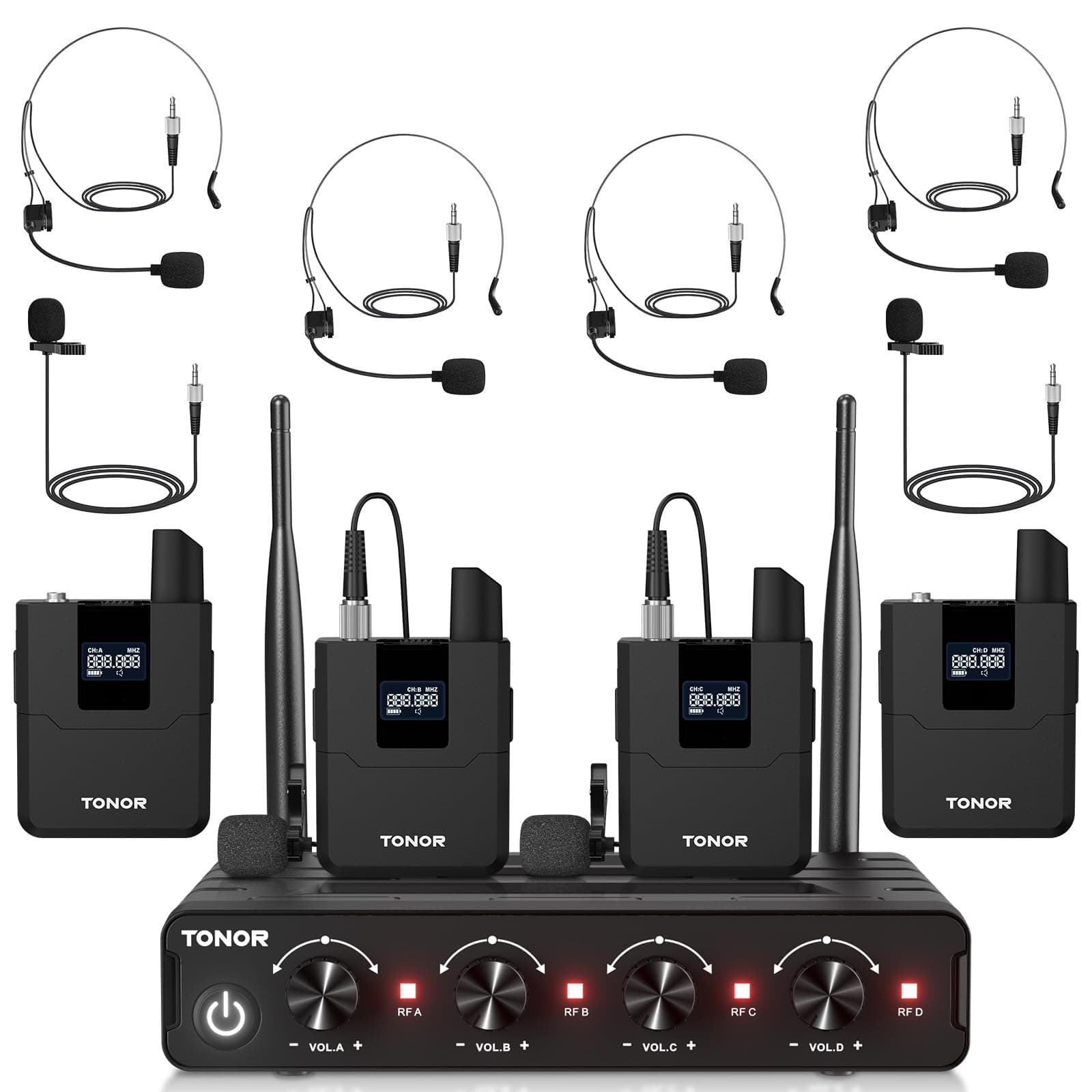 TONOR UHF Microphone Wireless Set with 4 Bodypack Transmitter/Headset/Lavalier Wireless Microphone, 4 x 5 Frequencies, 60 m Range, Wireless Microphone for Vocals, Karaoke, Church, DJ, PA System