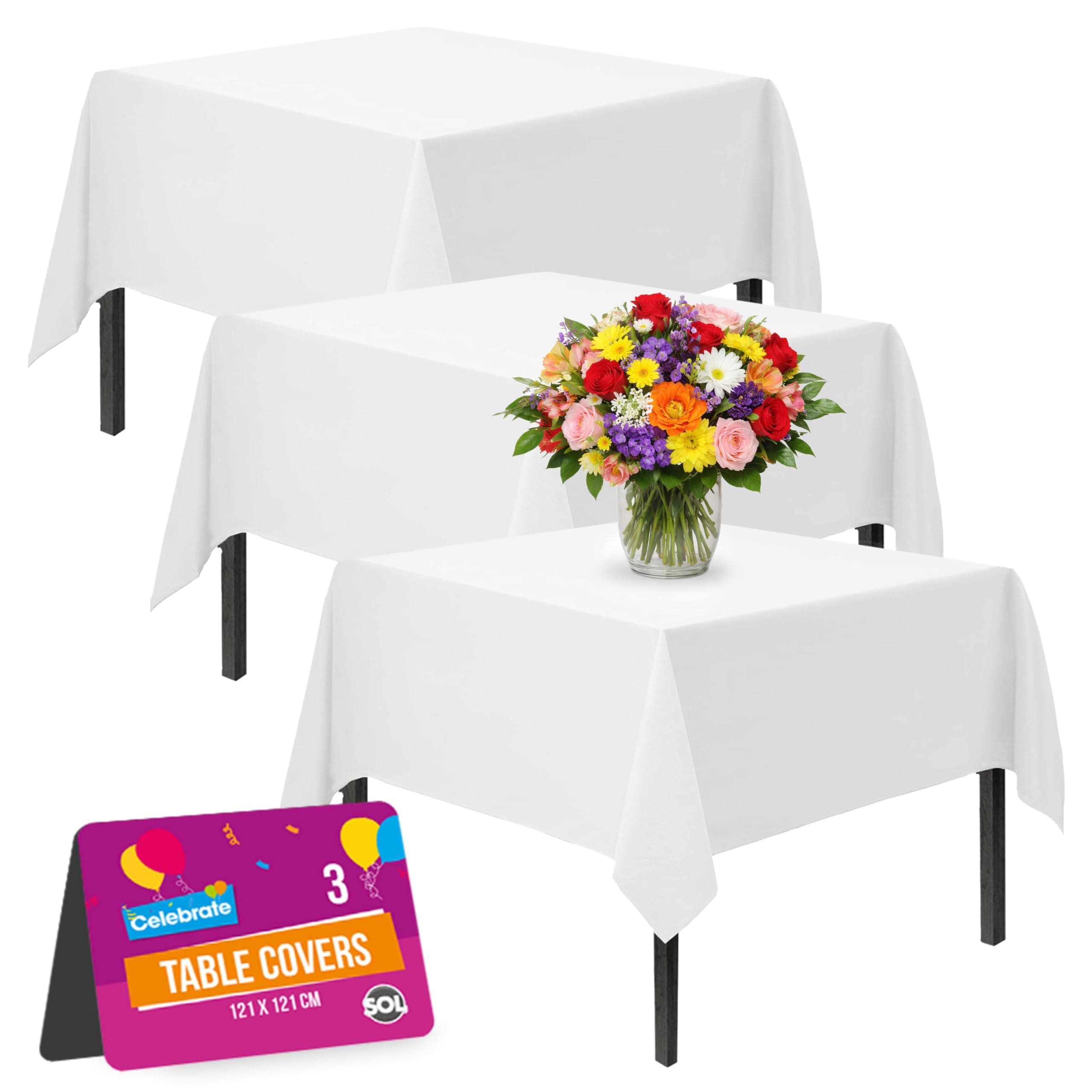 SOL 3pk White Table Cloth Party 121x121cm Plastic Cover Tablecloth Disposable for Parties - Heavy Duty Spill Protection - Opaque Design for Weddings, Buffets, Catering, Gender Reveals & Events