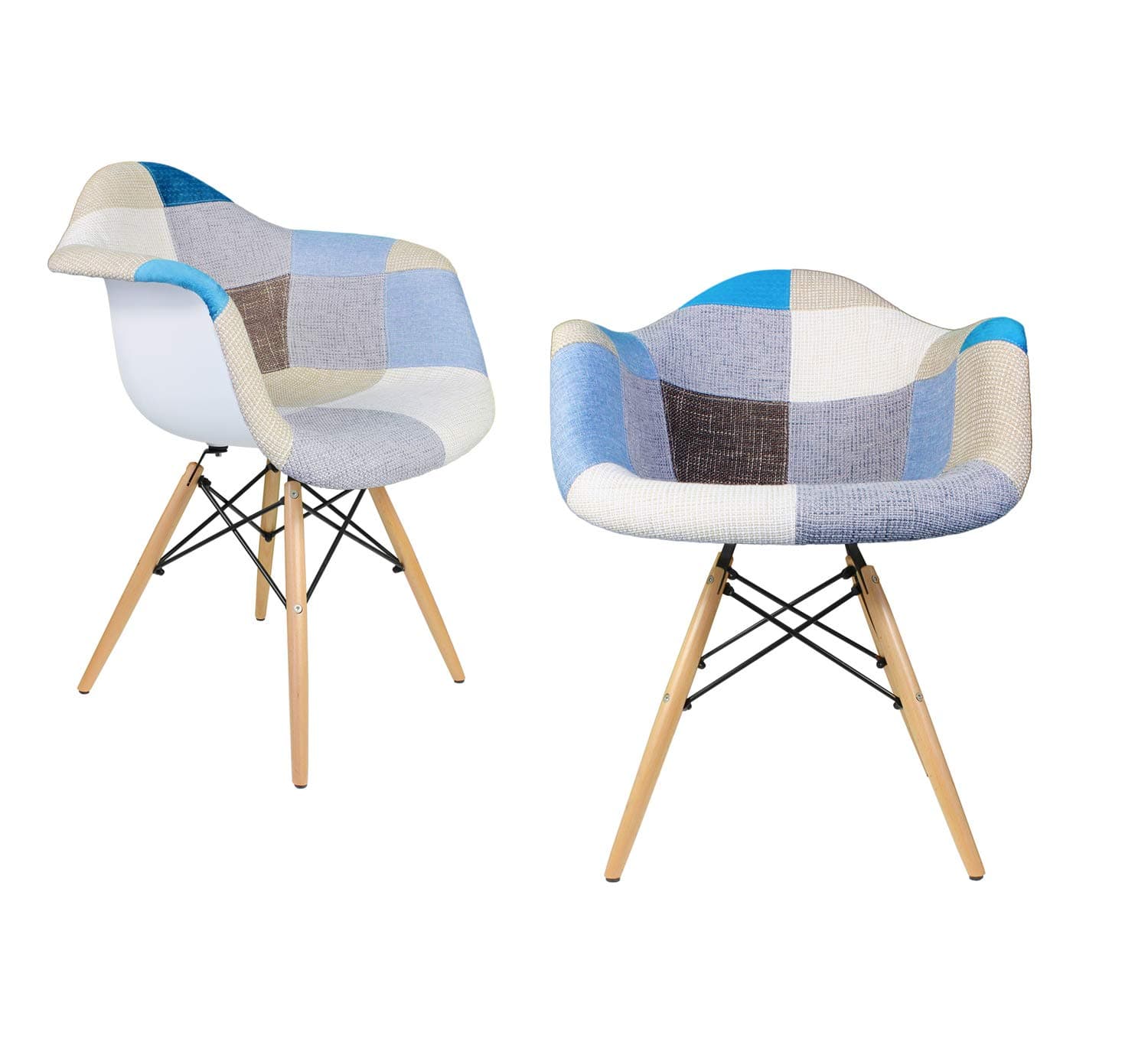 Mid-Century Modern Woven Fabric Upholstered Accent Arm Chair with Beech Wood Eiffel Legs Set of 2 (Patch)