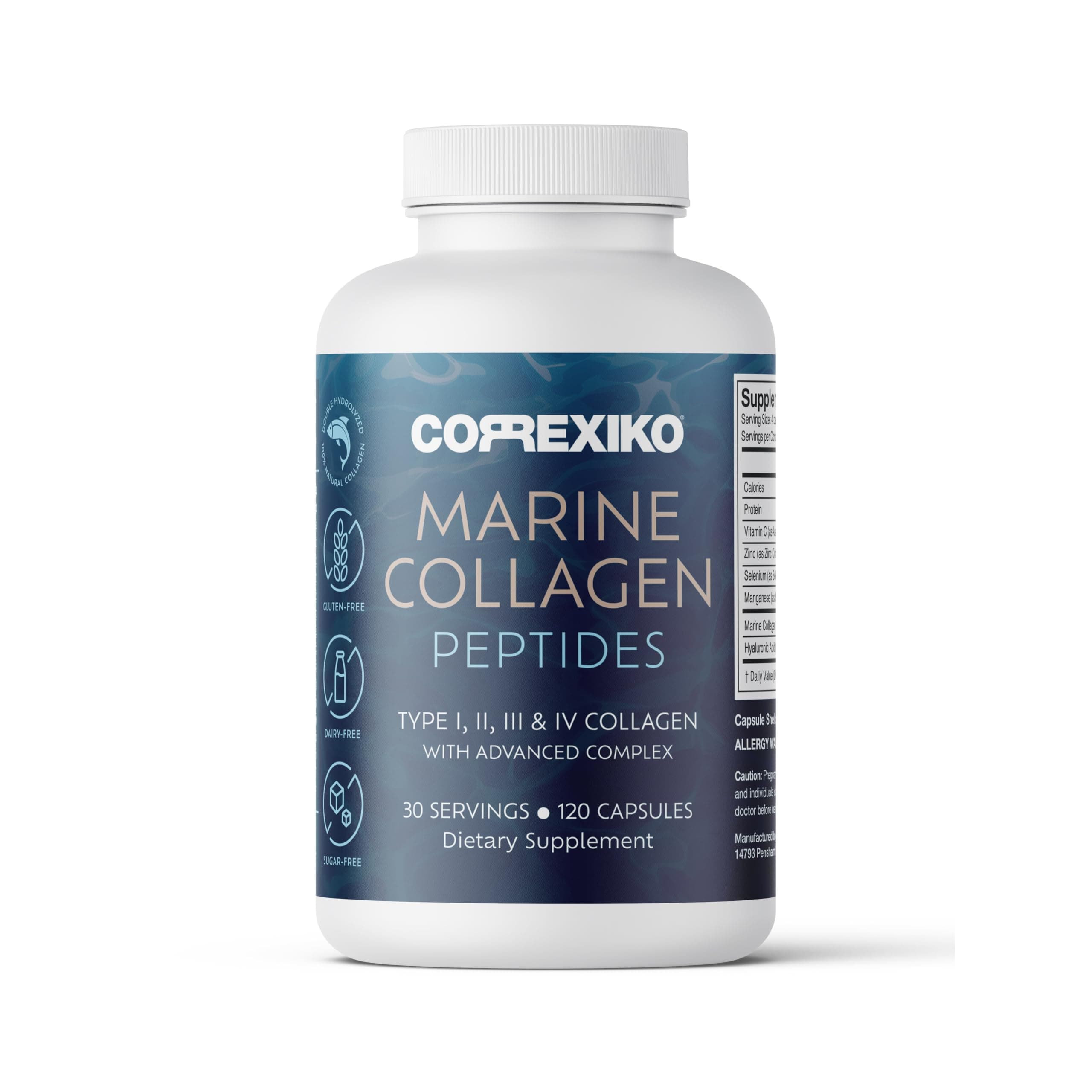 CORREXIKO Marine Collagen Supplement Pills - 1800mg Hydrolyzed Collagen Peptides per Serving with Added Hyaluronic Acid, Vitamin C & Minerals - for Hair, Skin & Nails - 120 Capsules 30 Day Supply
