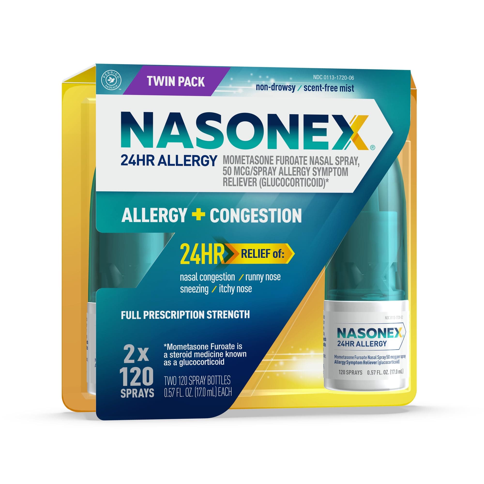 Nasonex 24HR Allergy Nasal Spray, Non-Drowsy, Scent-Free Mist, Allergy Symptoms + Nasal Congestion, Full Prescription Strength, 120 Sprays, 2 Pack