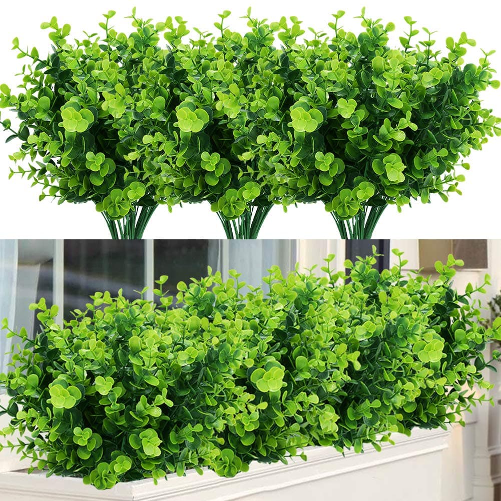 Artificial Plants Flowers Faux Boxwood Shrubs 6 Pack, Lifelike Fake Greenery Foliage with 42 Stems for Garden, Patio Yard, Wedding, Office and Farmhouse Indoor Outdoor Decor