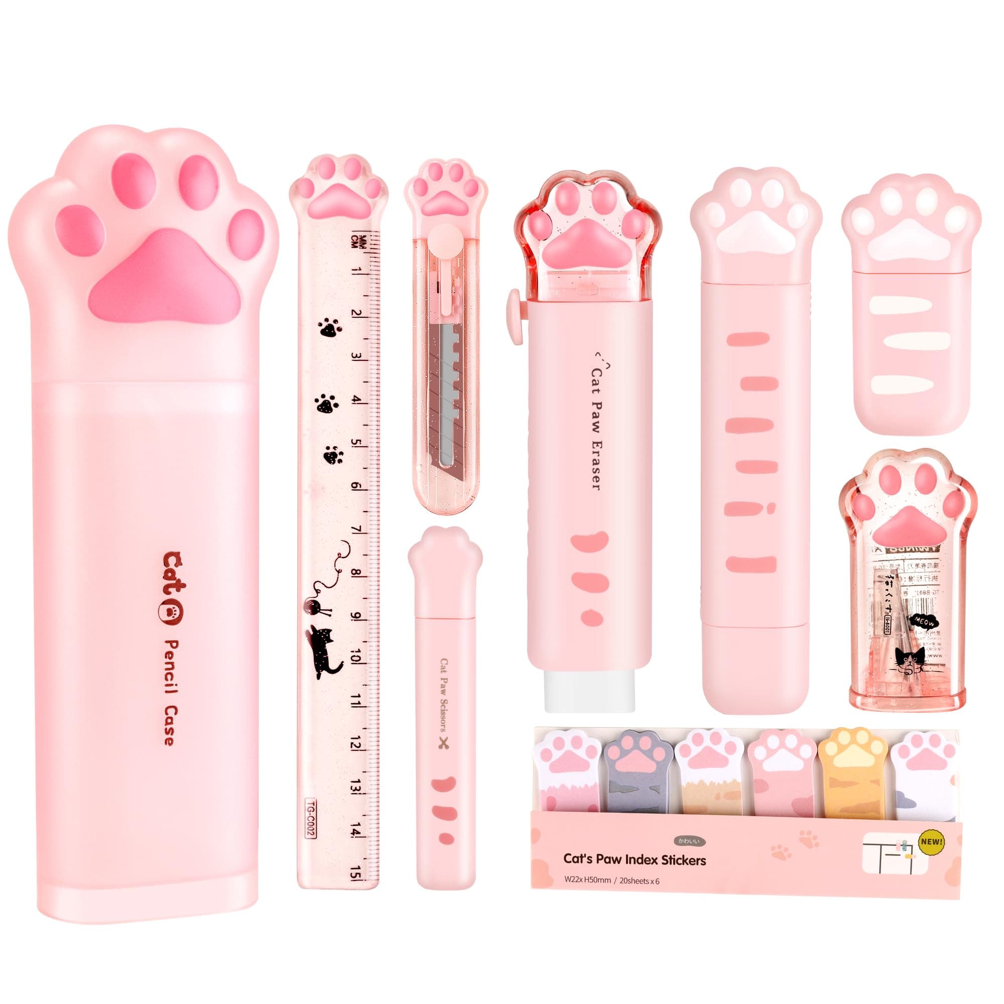Cute Pink School Supplies, Kawaii Stationary Set, Japanese Stationery Birthday GIFS, Includes Pencil Sharpener,Eraser, Correction Tape, Ruler, Mini Scissors,Utility Knife, for Office Supplies