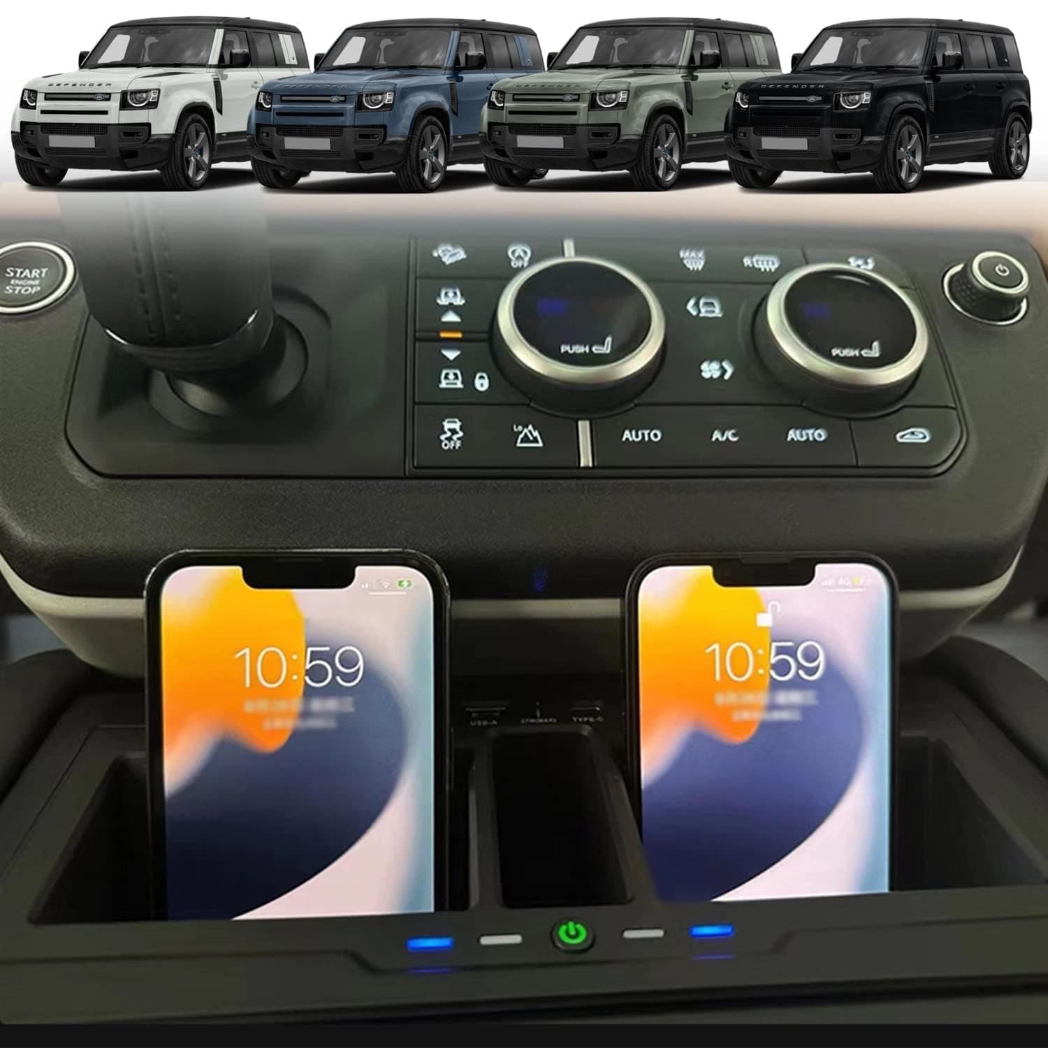 OUSIKA Dual Car Wireless Charger, 15W Fast Wireless Charging Phone Pad with 27W USB-A and Type-C Port, Decoration Accessories, For Land Rover Defender 90 110 130 2020-2023