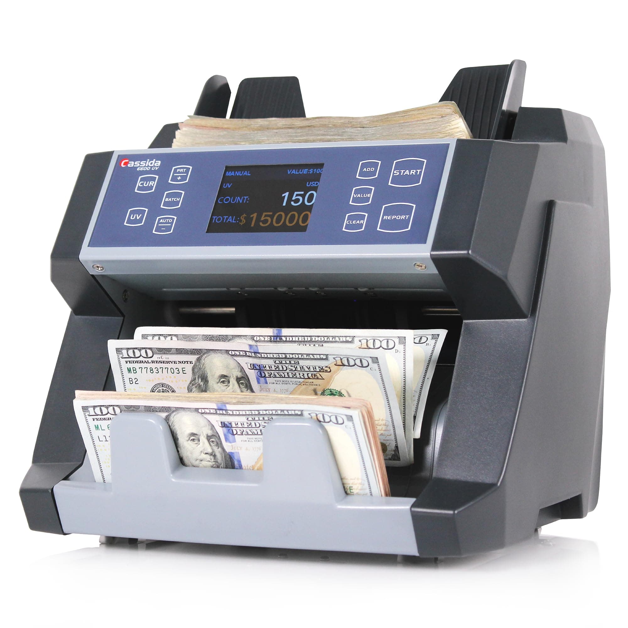 Cassida 6600 UV - US Business Grade Money Counter with UV/IR Counterfeit Detection - Top Loading Invoice Counting Machine with ValuCount™ Add and Batch Mode - Fast Count Speed 1,400 Notes/Minute