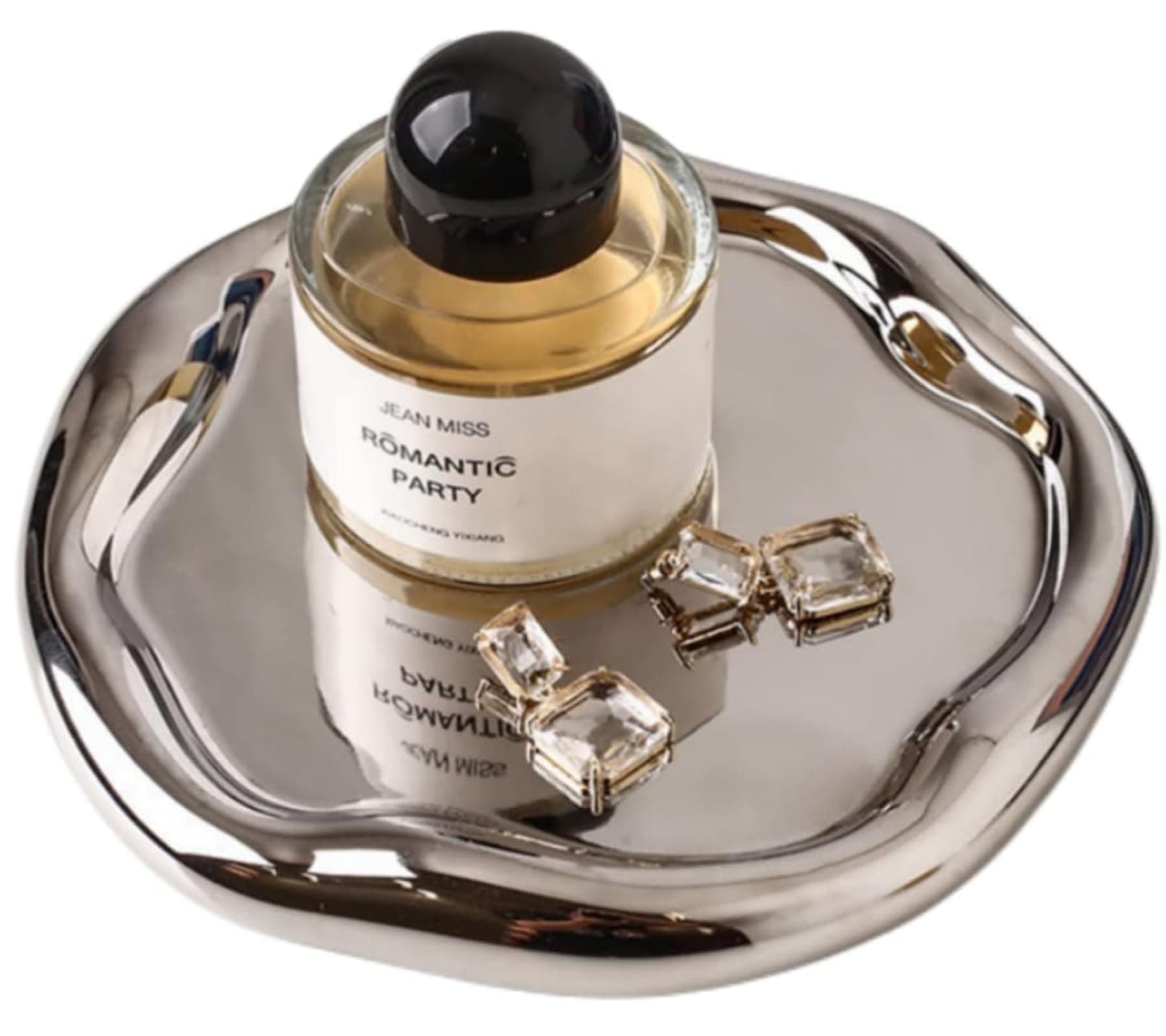 Silver Tray Decorative Vanity Tray Bathroom Tray Jewelry Dish Ceramic Silver Round Plate Holder Makeup Tray Home Organizers Irregular Storage Plate Bathroom Organizer (Round)