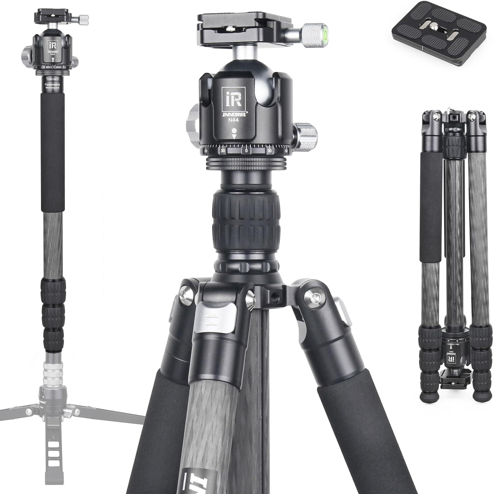 Carbon Fiber Tripod- RT75C+N44 Ball Head set Super Professional Tripod Monopod Heavy Duty Stand Support Low Gravity Center 360°Panoramic ballhead for Digital DSLR Camera(RT75C+N44)