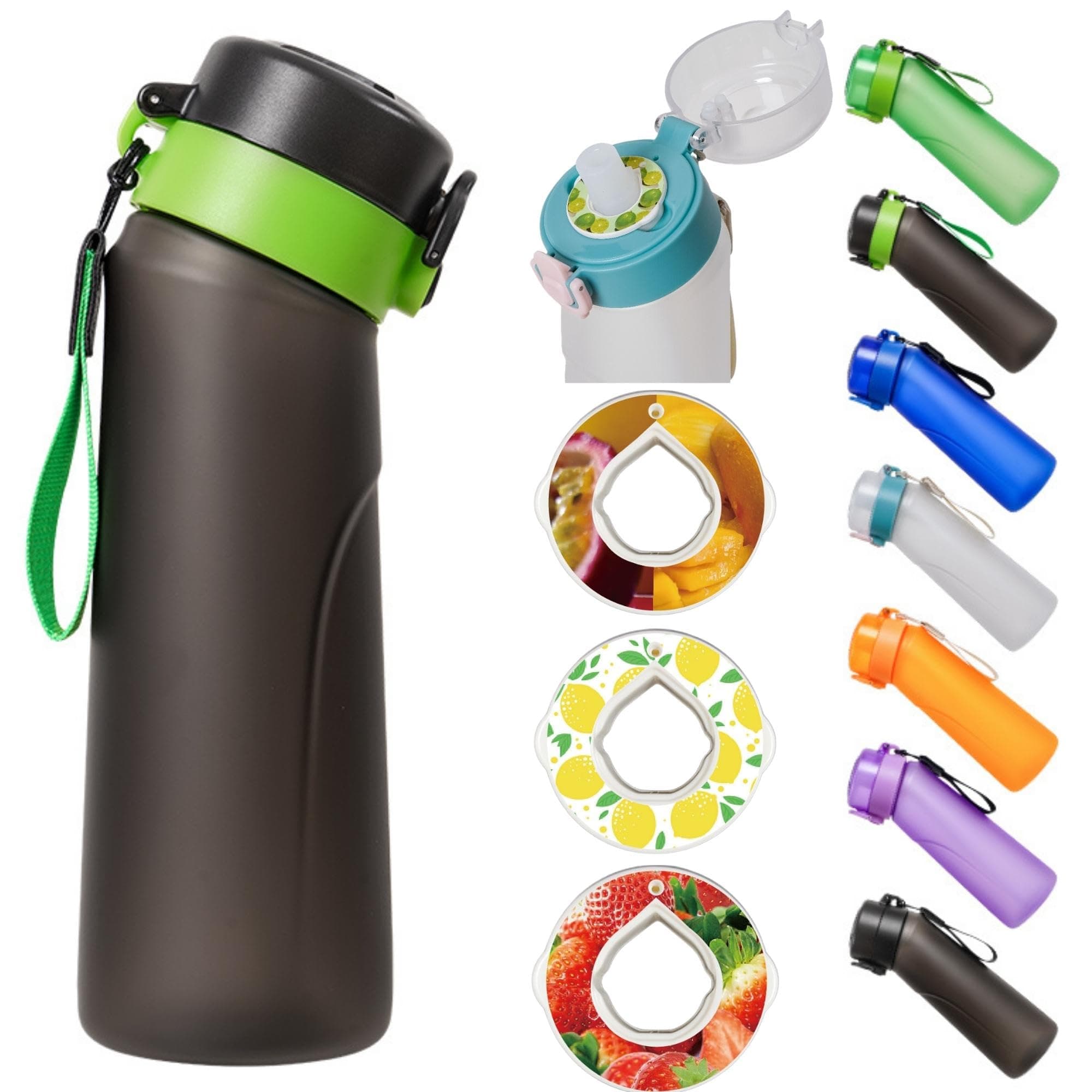 Air Up Compatible Water Bottle with 3 Flavor Pods - 22oz/750ml BPA-Free, Leak-Proof Reusable Bottle for Kids, Teens & School | Green Black Design