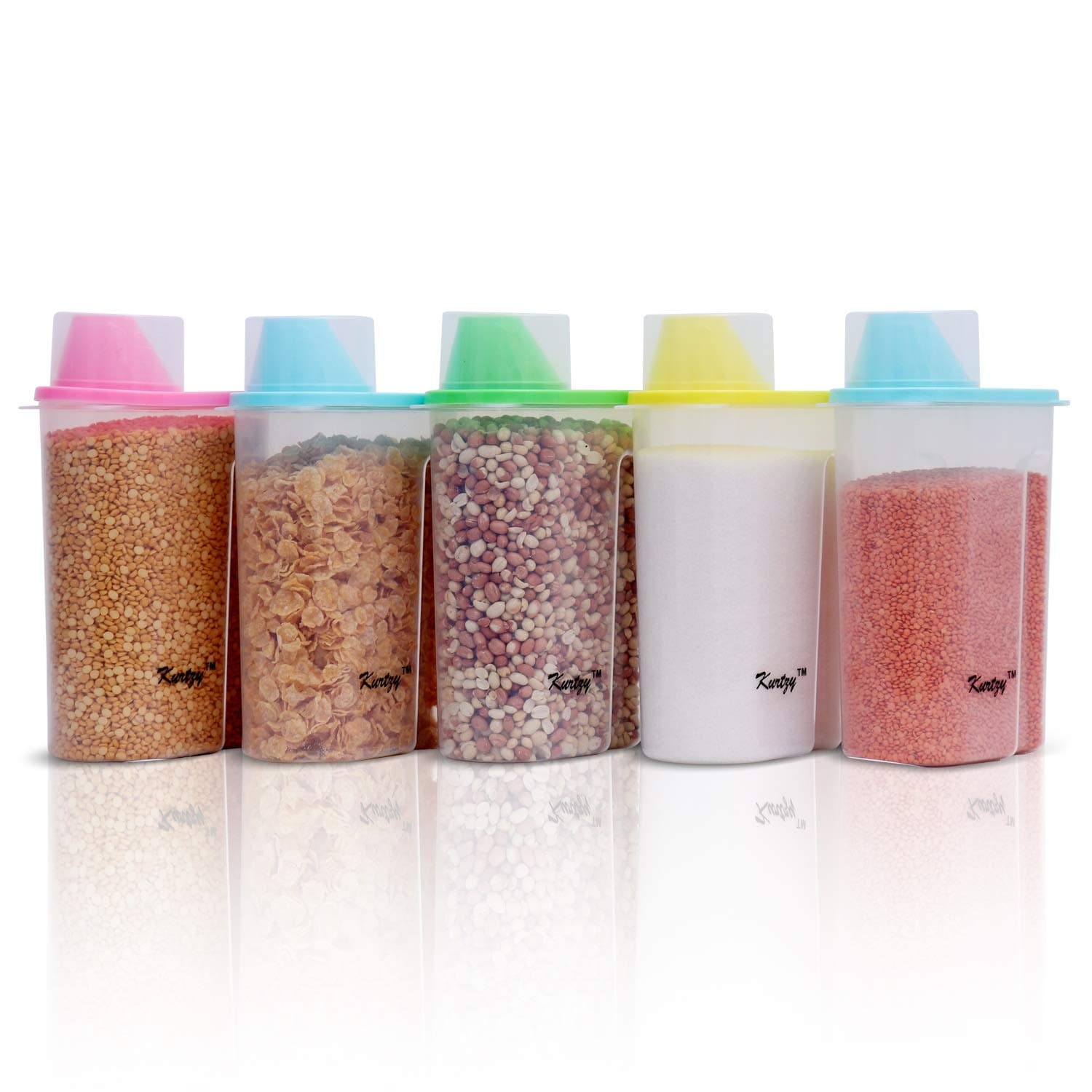 Kurtzy Cereal Dispenser Jars - (Pack of 5) Air-Tight Lid Multipurpose Storage Containers Set with Measuring Cups for Rice,Pulses,Grains Pet Foods - Home & Kitchen, Pets (2.5 litres Each)