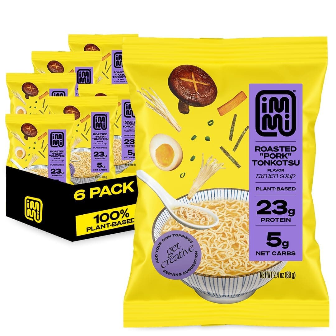 - immi Roasted "Pork" Tonkotsu Ramen, 100% Plant Based, Keto Friendly, Low Carb, High Protein, Packaged Noodle Meal Kit, Ready to Eat, 6 Pack