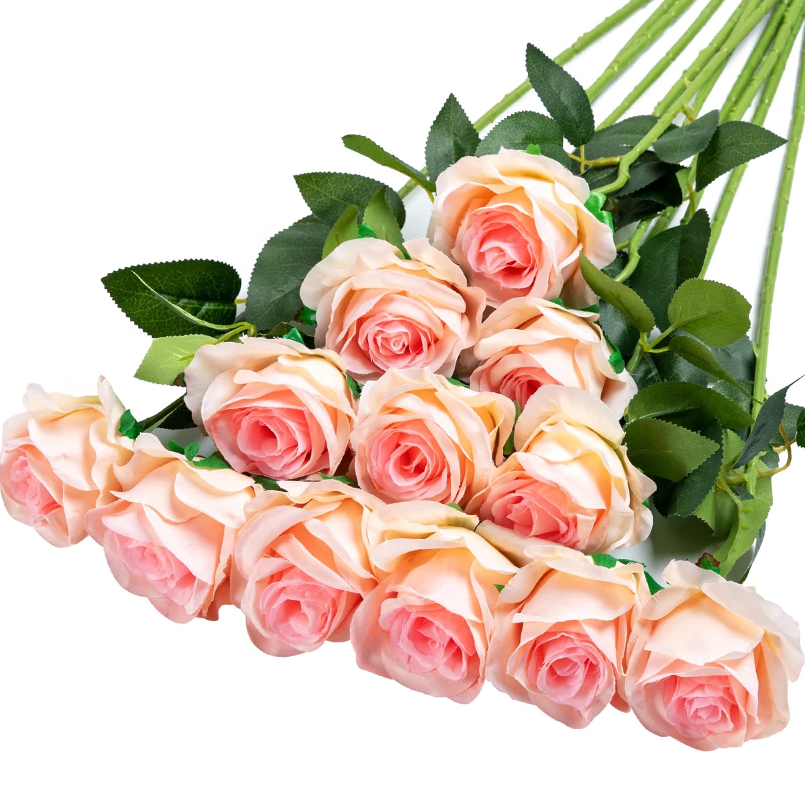 Hawesome 12PCS Artificial Silk Flowers Realistic Roses Bouquet Long Stem for Home Wedding Decoration Party (Gradient Light Pink)
