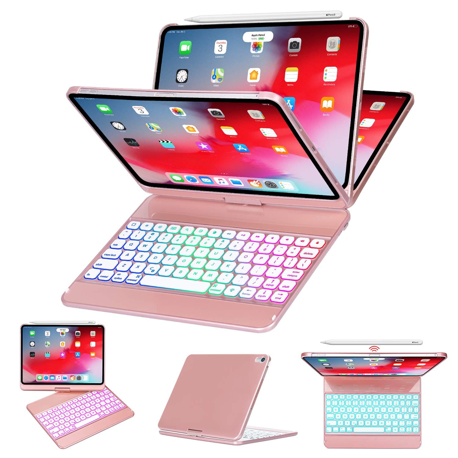 iPad Pro 11 Case with Keyboard 2018-360 Rotatable - Wireless/BT - Backlit 17 Color - Auto Sleep Wake - Thin & Light - iPad Case with Keyboard【Support Apple Pencil 2nd Gen Charging】