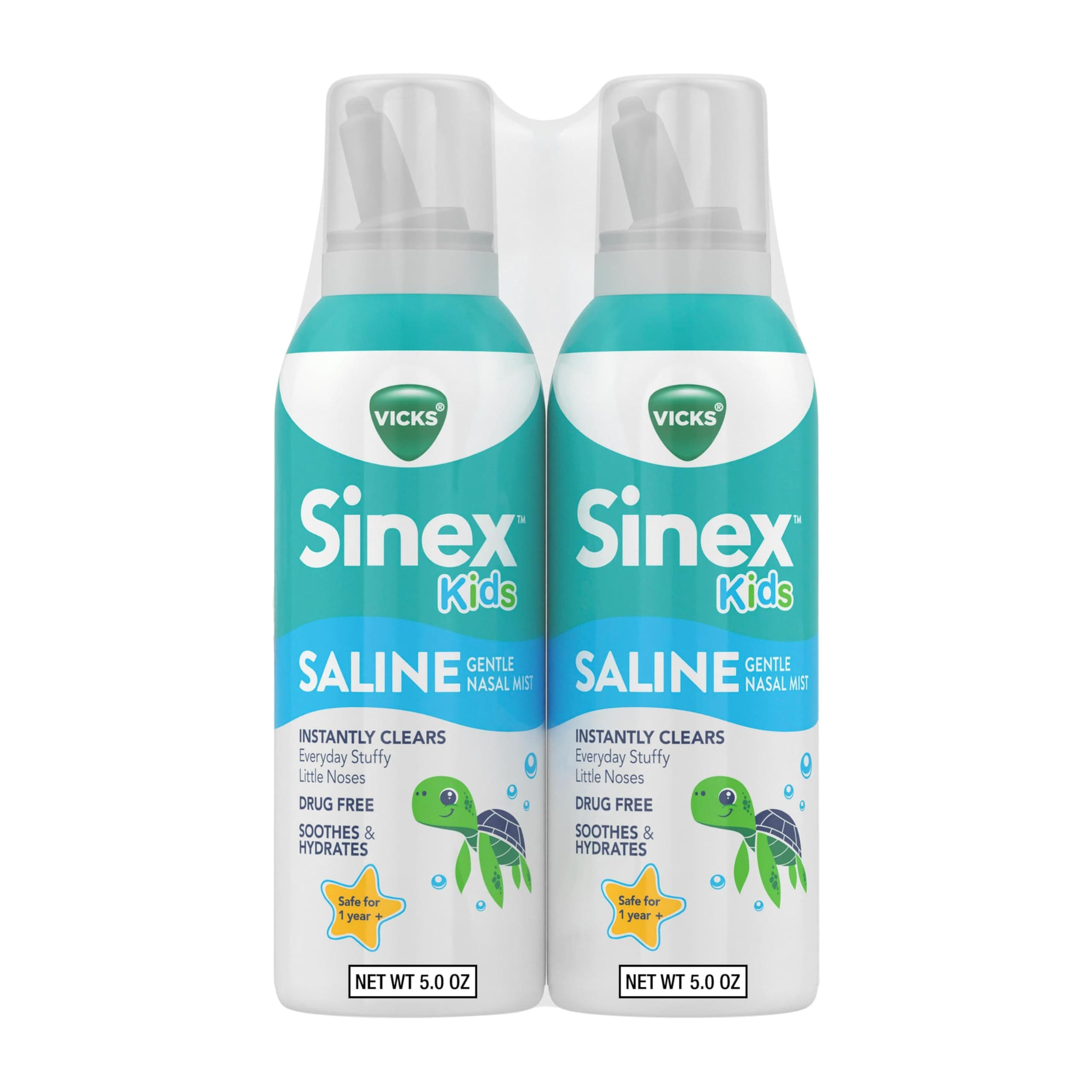 Sinex, Children's Saline Nasal Spray, Drug Free Ultra Fine Mist with Hint of Aloe, Ages 1+, Fast Everyday Stuffy Nose Relief for Kids, Clear Mucus from a Cold or Allergy, 5 OZ x 2