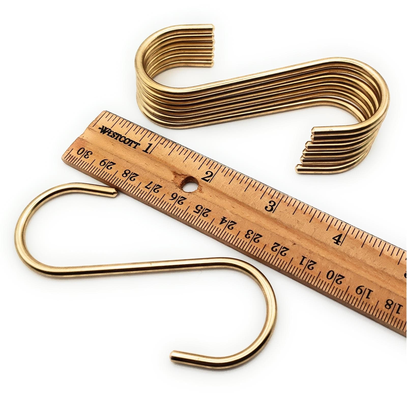 S Hooks, 7 Pack, Solid Copper Brass Hooks, Gold S Hooks for Hanging Jeans Bags Purse, Pots Mugs Hanger, Kitchen Rod Rack Dorm Closet S Shaped Hooks