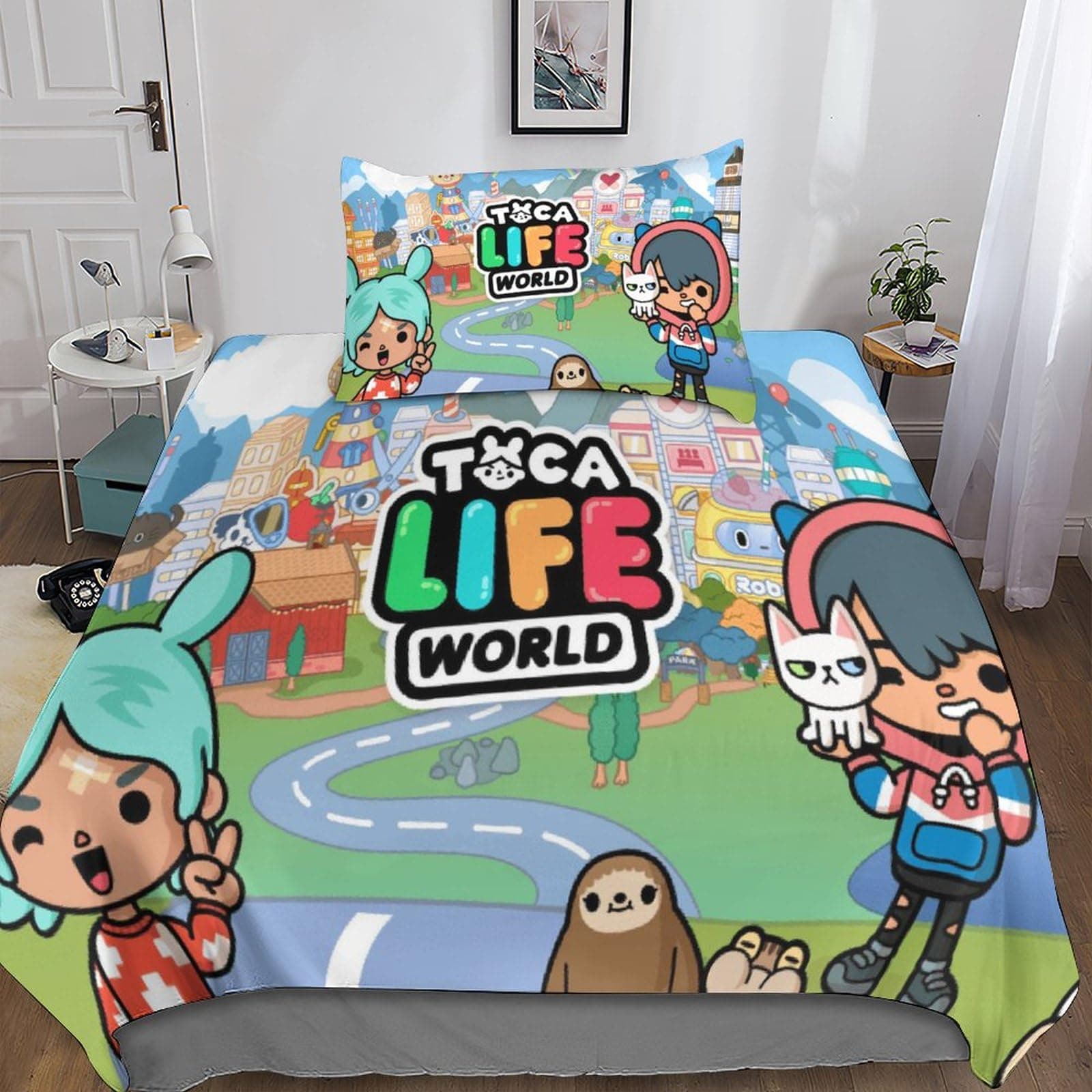 Toca Boca World Bedding Duvet Cover Set Microfibre Comforter Cover 3D Print Quilt Cover with 2 Pieces Set Pillowcases for Children, Adults with Zipper Closure Soft Single(135x200cm)