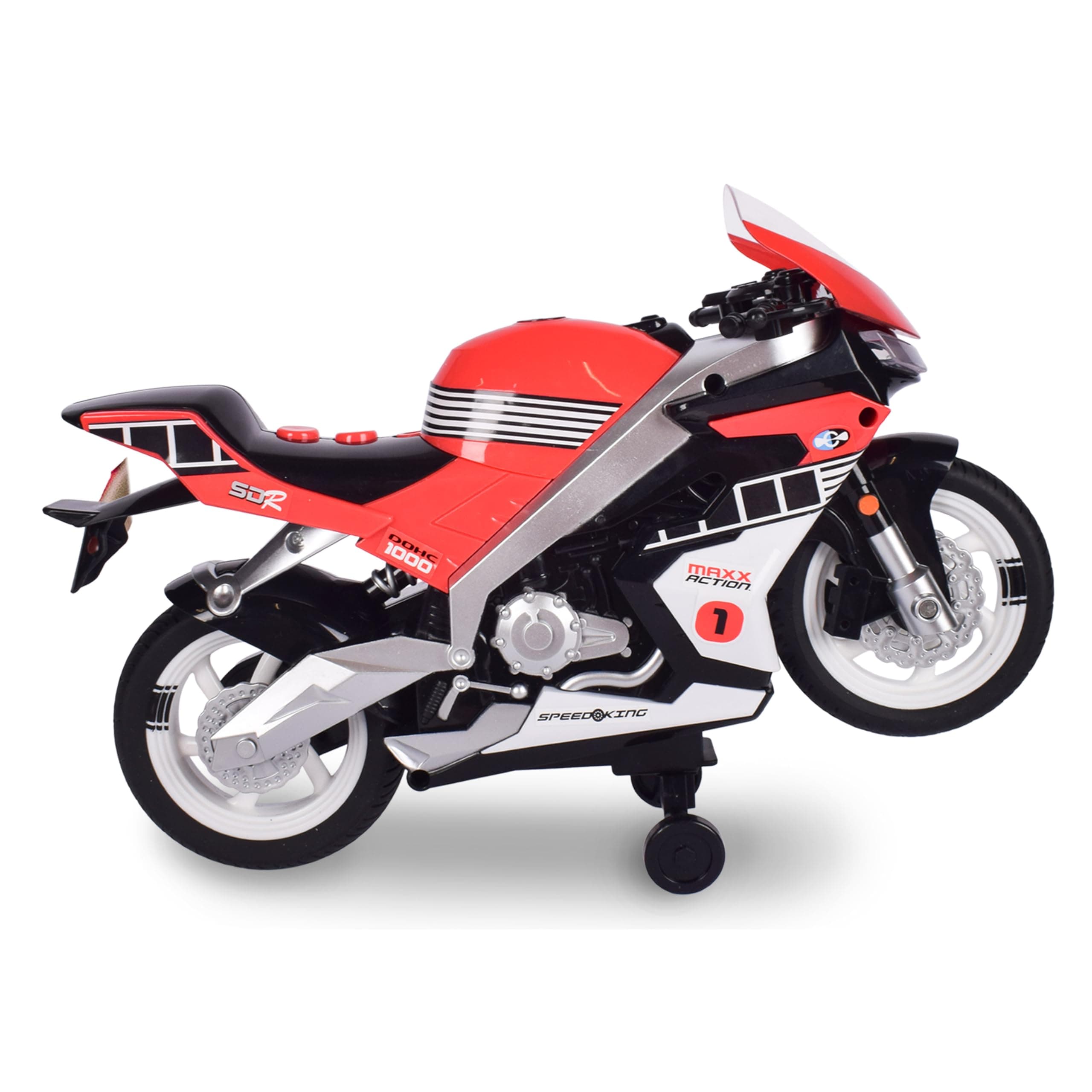 Sunny Days Entertainment Maxx Action Super Bike with Wheelie Feature – Red Motorized Toy Motorcycle for Boys & Girls | Light & Sound Vehicle for Kids