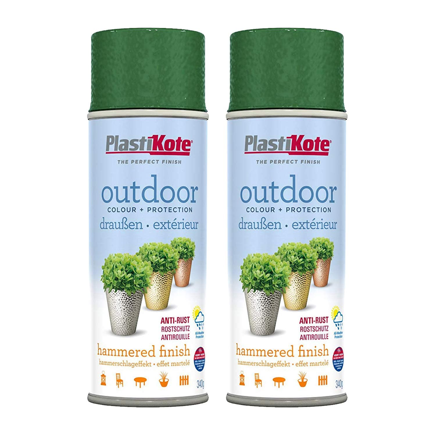PlastiKote Outdoor Hammered Finish Green Spray Paint 400ml - 2.23m² Coverage per can - Anti-Rust All Weather Protection.