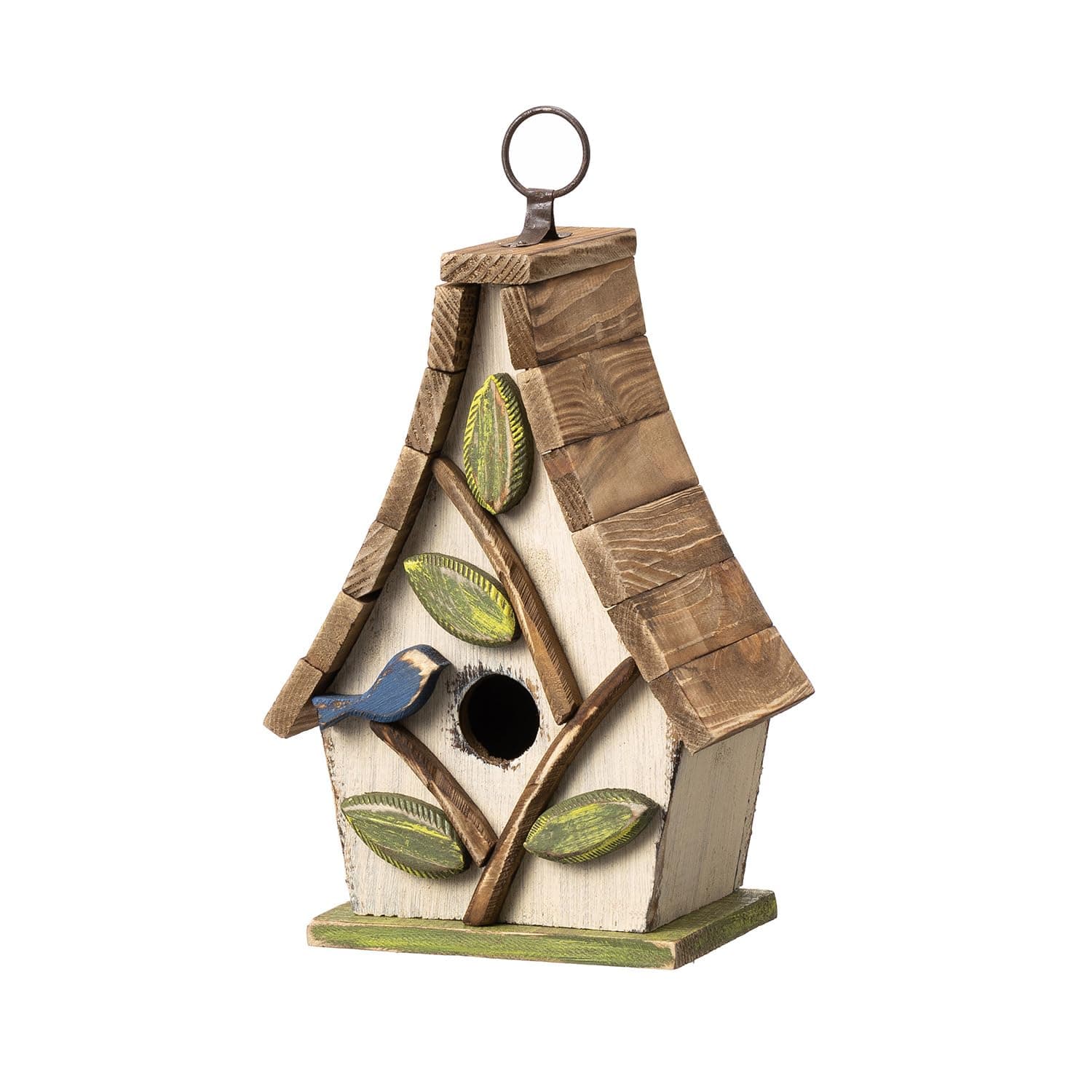 Glitzhome Bird Houses for Outside, 9.5" H Hanging Bird House Distressed Solid Wood Decorative Garden Birdhouse for Outdoors with Natural Wood Pallet Roof and 3D Tree,Washed White