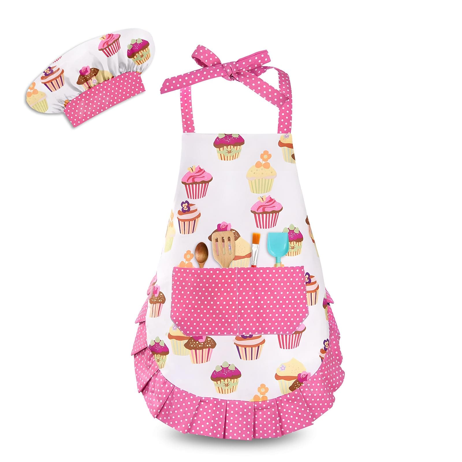 Kids Aprons for Cooking,Kids Chef Hat and Apron with Large Pocket for Baking Cupcake kids Apron for 6-12 Years